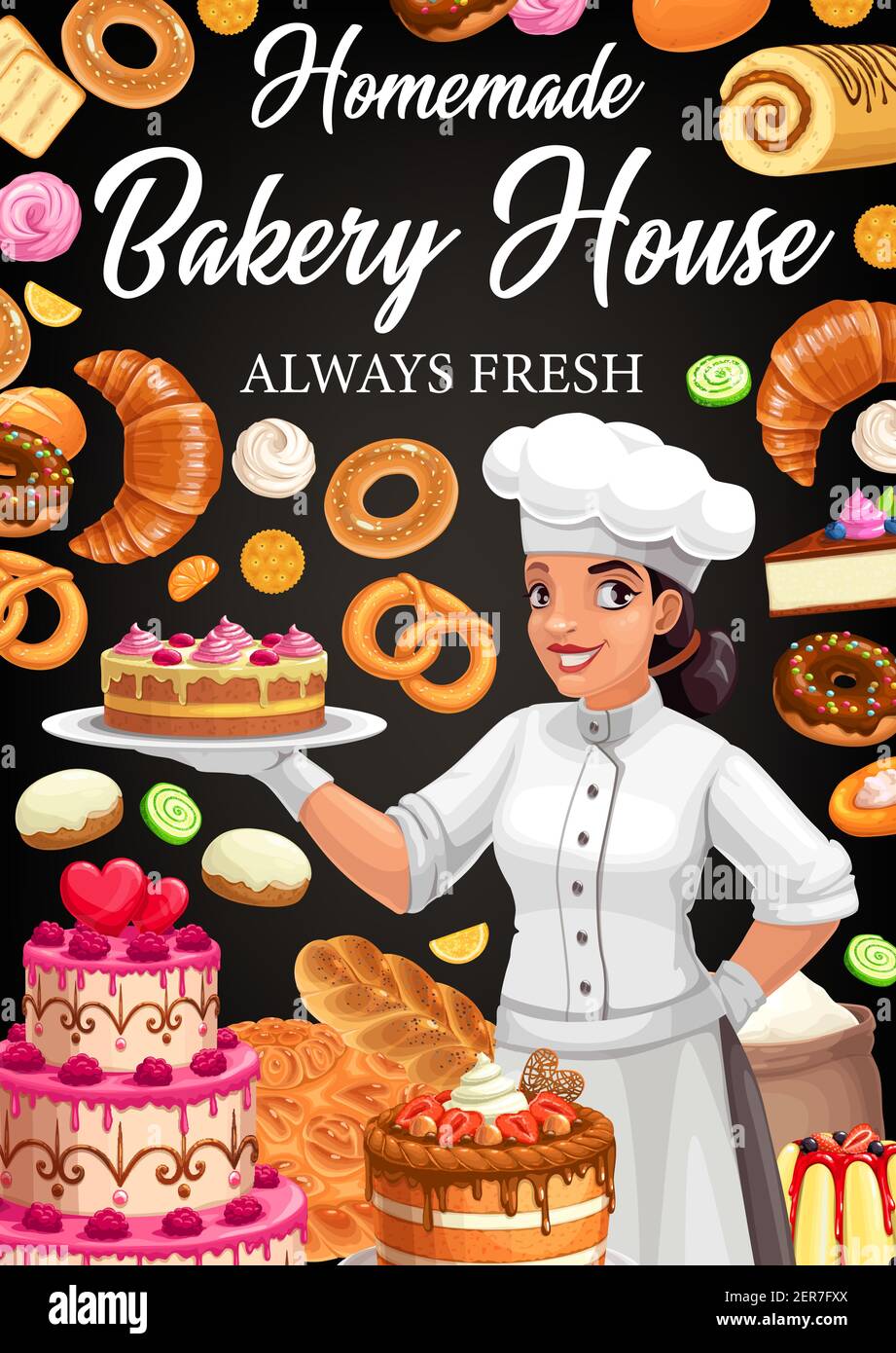 Bakery house vector poster. Confectioner in patisserie presenting