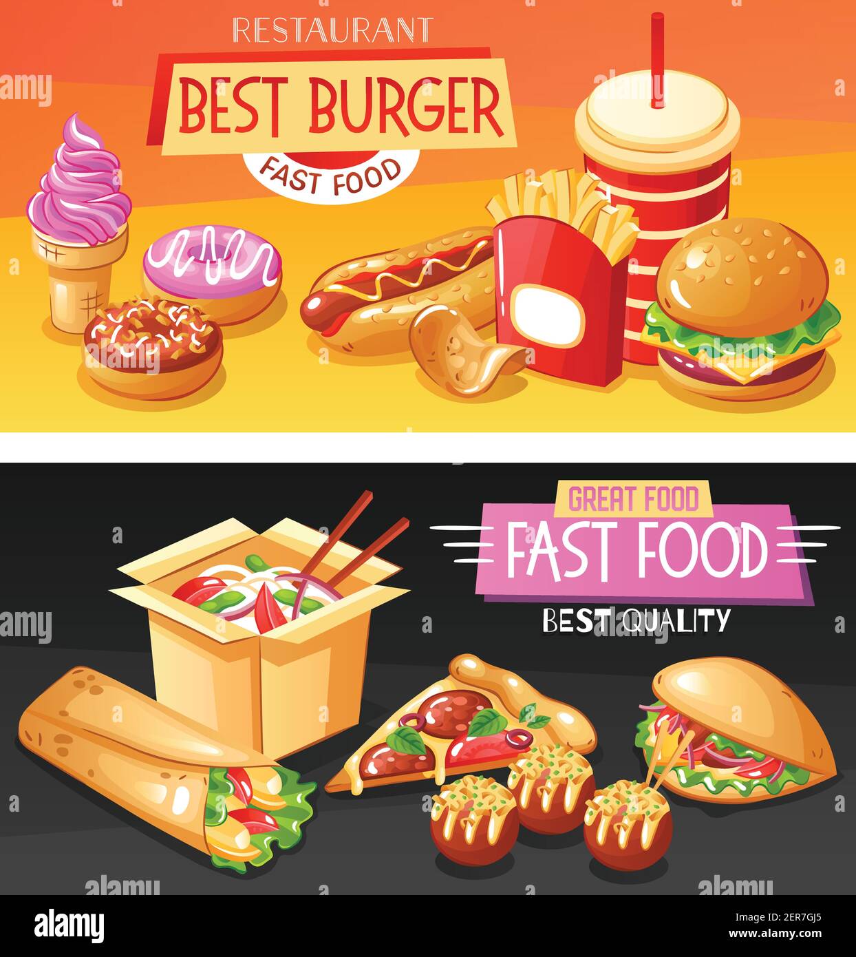 Flat set of horizontal banners with best fast food dishes and drinks on colorful backgrounds isolated vector illustration Stock Vector