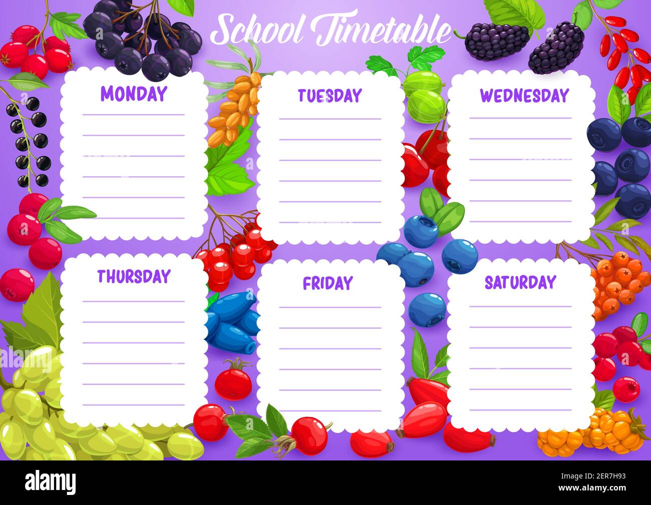 School timetable with berries. Cartoon vector week schedule template ...