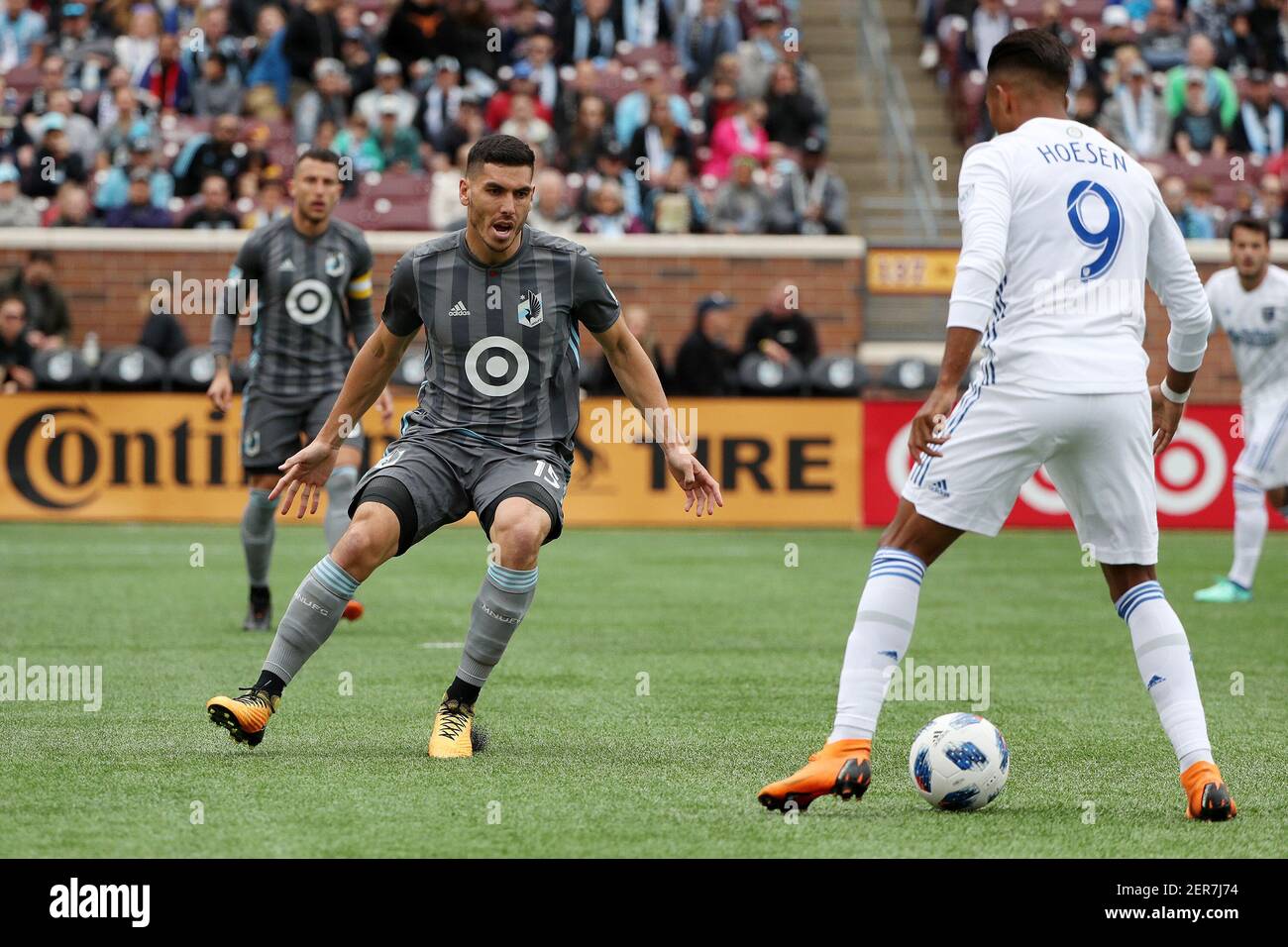 Minnesota United defender Michael Boxall, left, positions himself as ...