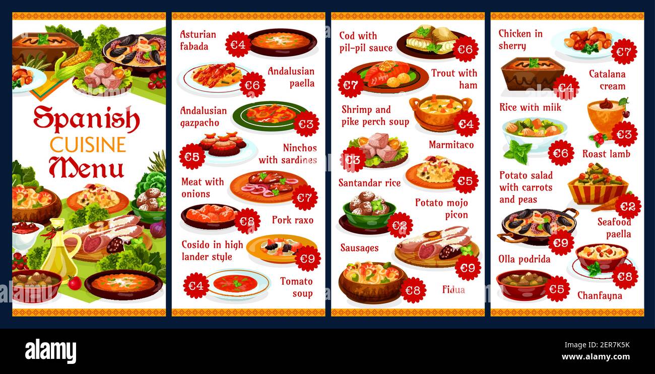 Spanish Cuisine Food Menu And Tapas Vector Paella Plate With Seafood 