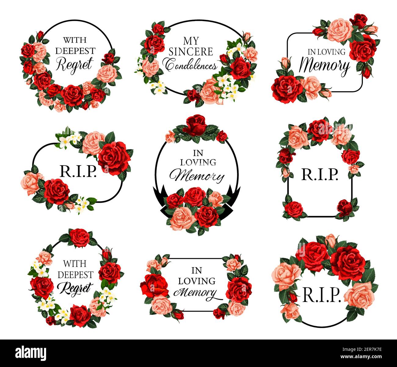 Funeral frames with red roses flowers and condolences. Obituary memorial vector frames with RIP rest in peace, in loving memory condolences and floral Stock Vector