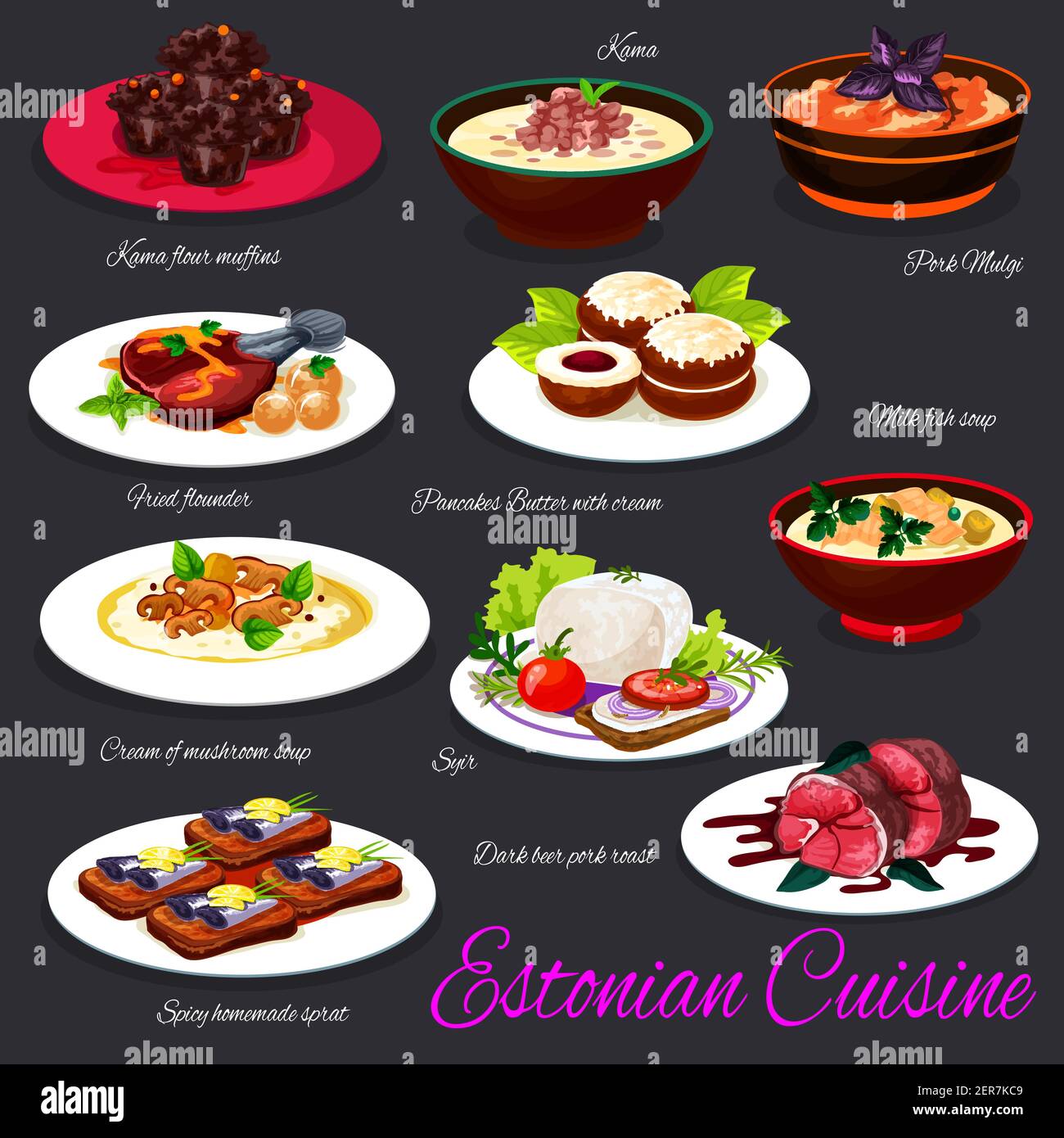 Estonian cuisine food vector dishes with fish, meat and vegetables. Fish milk and mushroom cream soups, cabbage pork stew, cheese soir and cream buns, Stock Vector