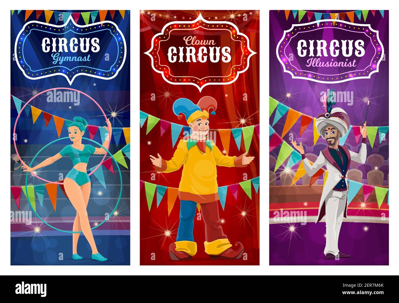 Circus performers vector banners. Big top gymnast woman, clown and ...