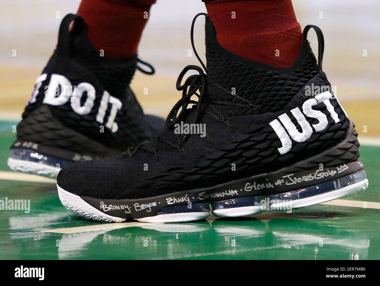 May 13, 2018; Boston, MA, USA; The Nike shoes of Cleveland Cavaliers  forward LeBron James (23) are seen during the first quarter of the Eastern  conference finals of the 2018 NBA Playoffs