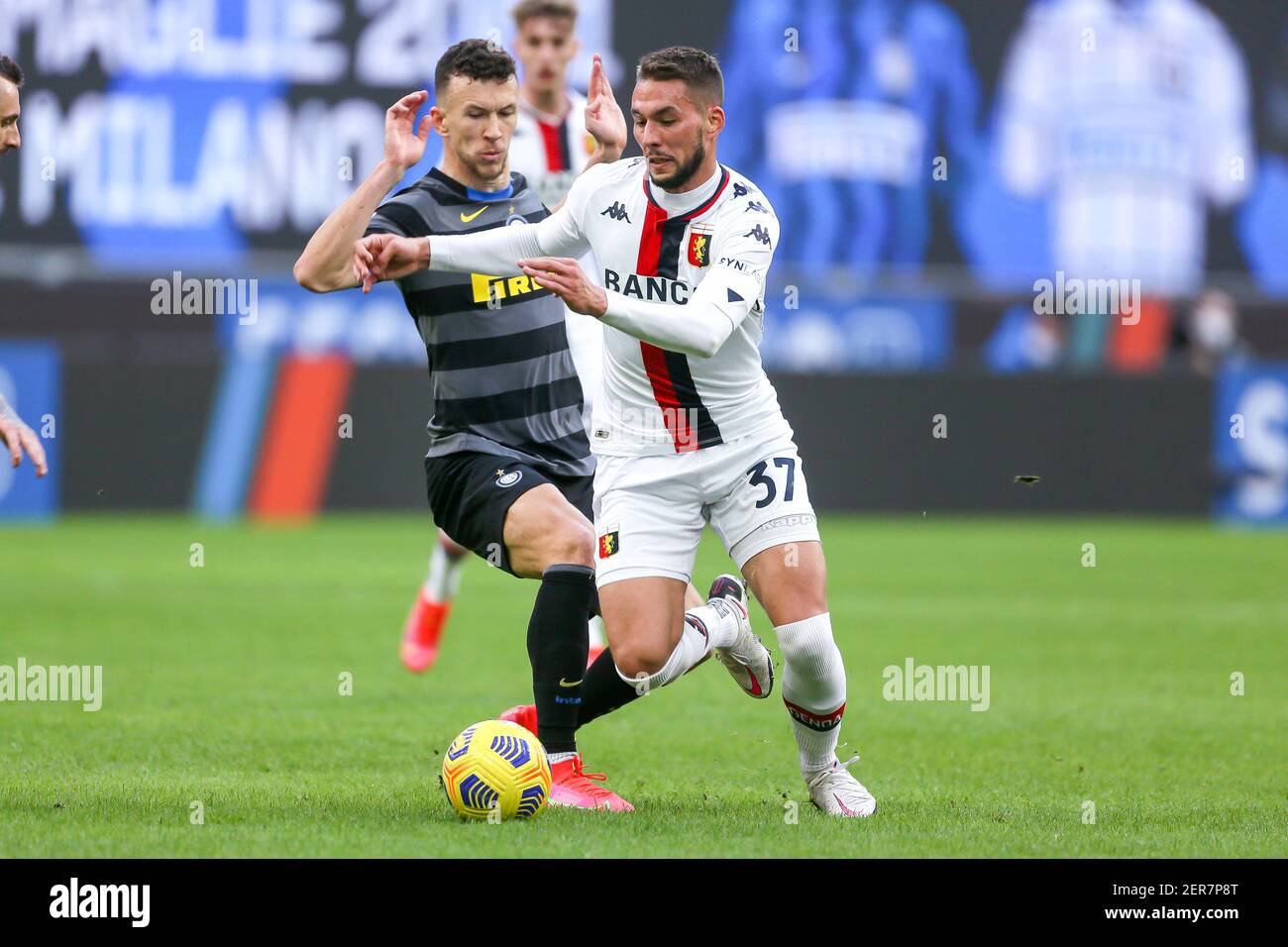 MILAN, ITALY - FEBRUARY 28: Ivan Perisic of Internazionale, Marko Pjaca of Geoa during the Serie A match between Internazionale and Genoa at San Siro Stadium on February 28, 2021 in Milan, Italy (Photo by Ciro Santangelo/Orange Pictures) Stock Photo