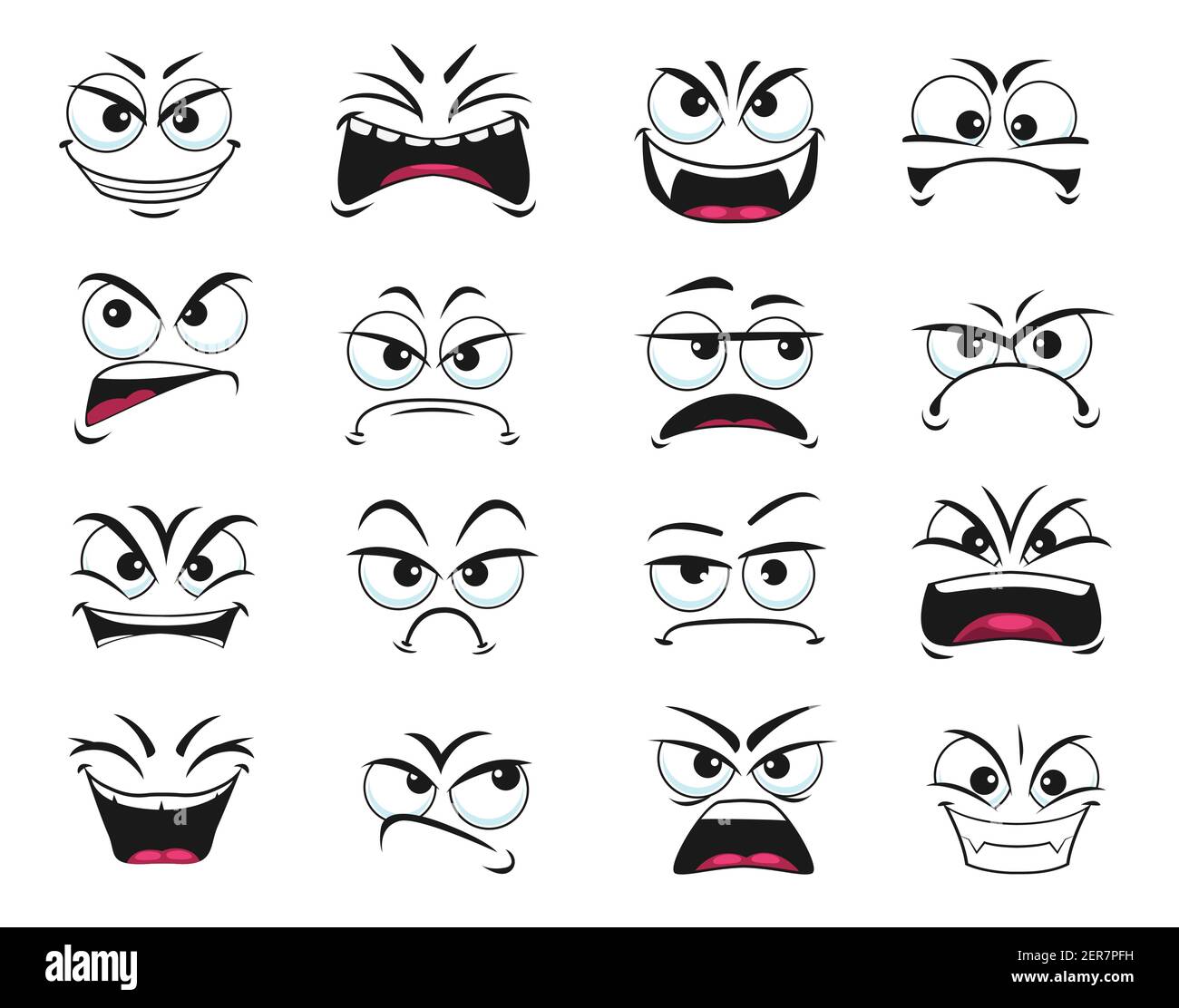 Cartoon face expression isolated vector icons, negative emoji suspicious,  evil, scared and shocked, gloat, grin, smirk or crazy. Facial feelings  laugh Stock Vector Image & Art - Alamy
