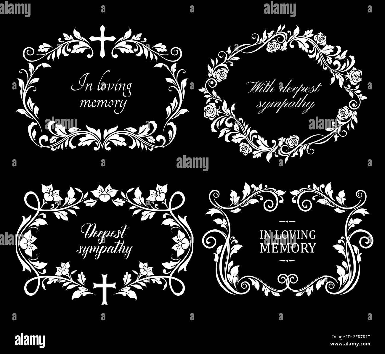 Funeral flowers wreath, condolence and death floral frames, vector RIP ribbons. Deepest sympathy and In loving memory, funeral and obituary card or me Stock Vector