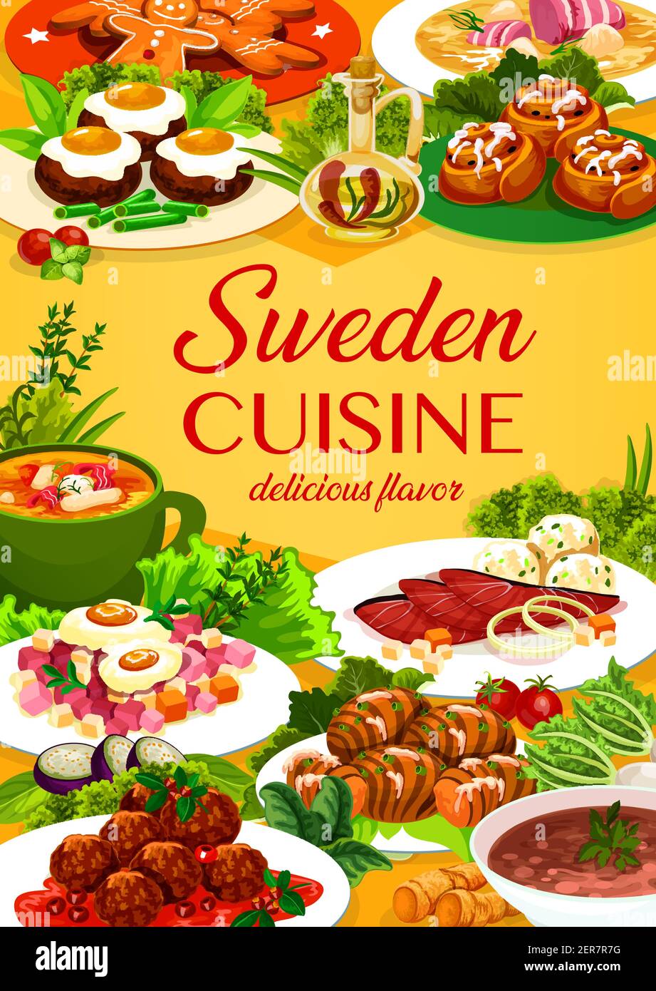 Sweden food vector pittipanka, meatballs and kottbulars with potato hassel with beefsteak a la lindstrom. Beef and salmon soup, elebsad, gravlax and g Stock Vector