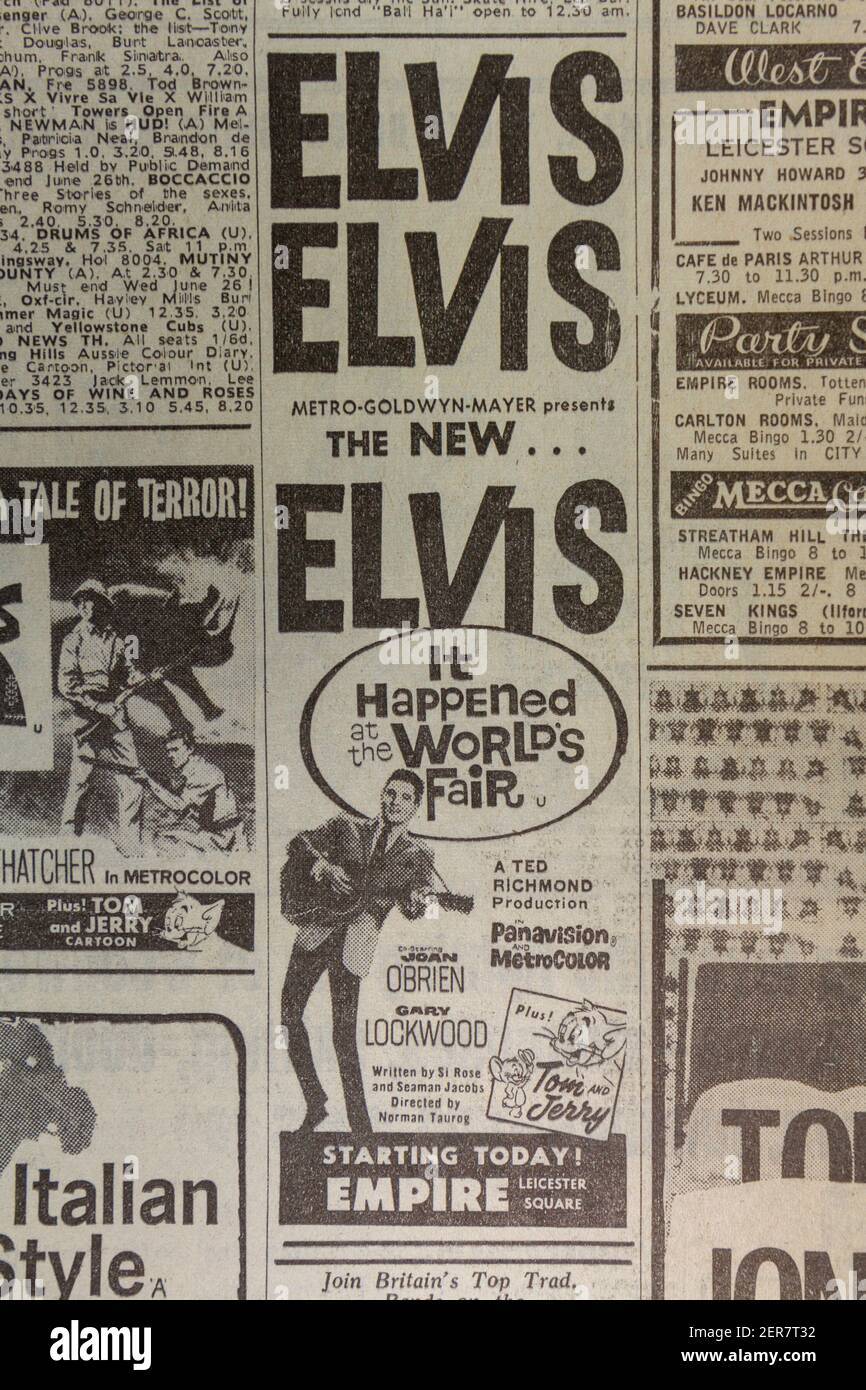 Advert for 'It Happened at the World's Fair' musical starring Elvis Pressley in the Evening News newspaper (Thursday 13th June 1963), London, UK. Stock Photo