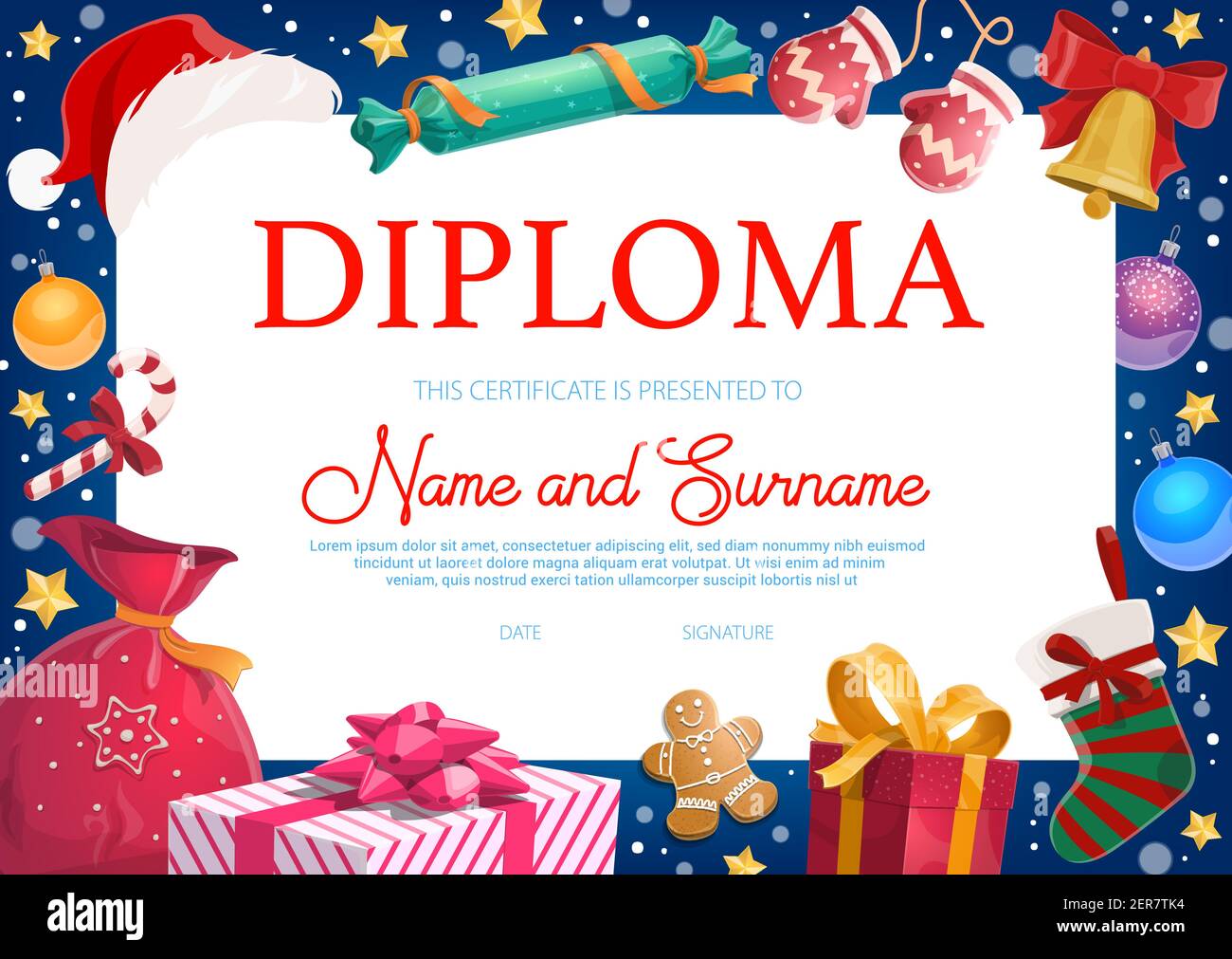 Christmas celebration kids diploma with gifts, toys and sweets ...