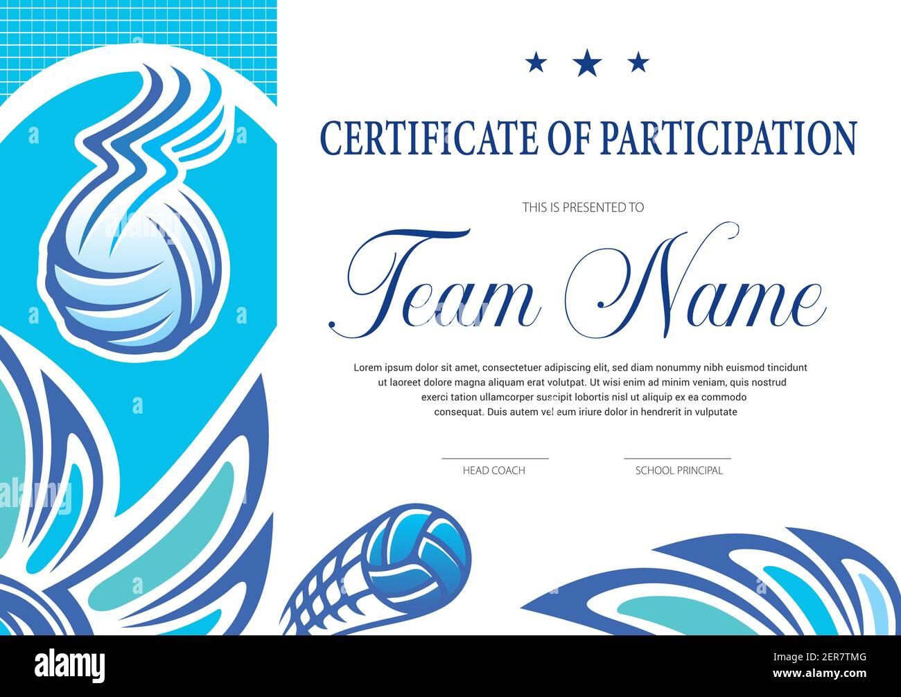 Certificate for volleyball tournament participation. Sports club