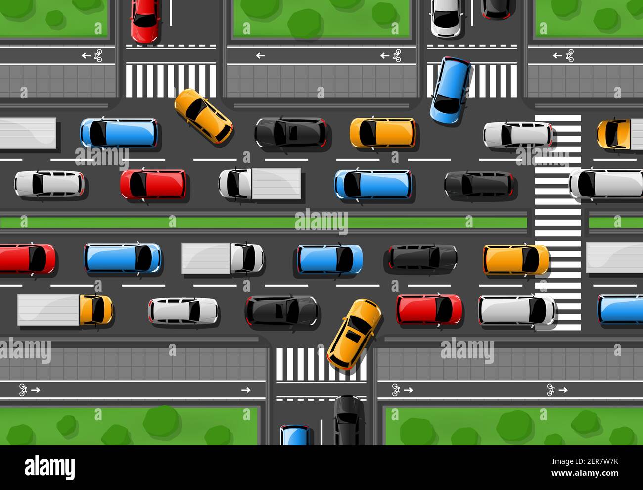 Traffic jam vector city freeway with cars driving on road top view. Rush hour in town, vehicles on two lane highway. Automobiles stand in rows, traffi Stock Vector