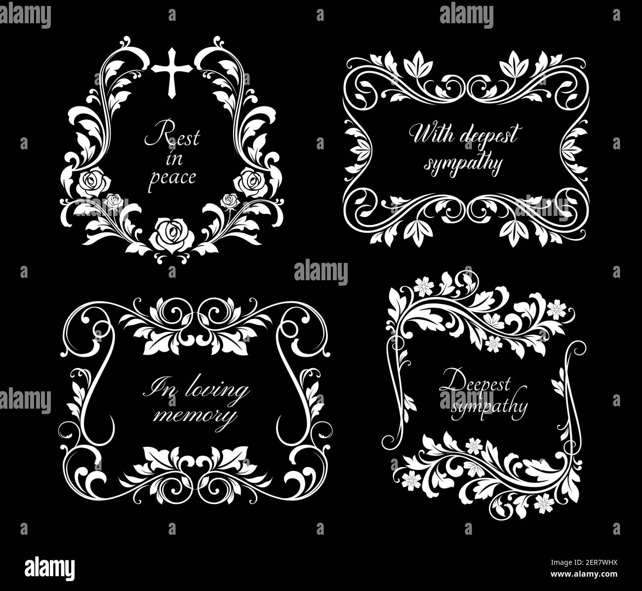 Funeral memorial frames with floral ornaments. Funerary card decoration border with roses and violets flowers, leaves on stem engraved vector. Mournin Stock Vector