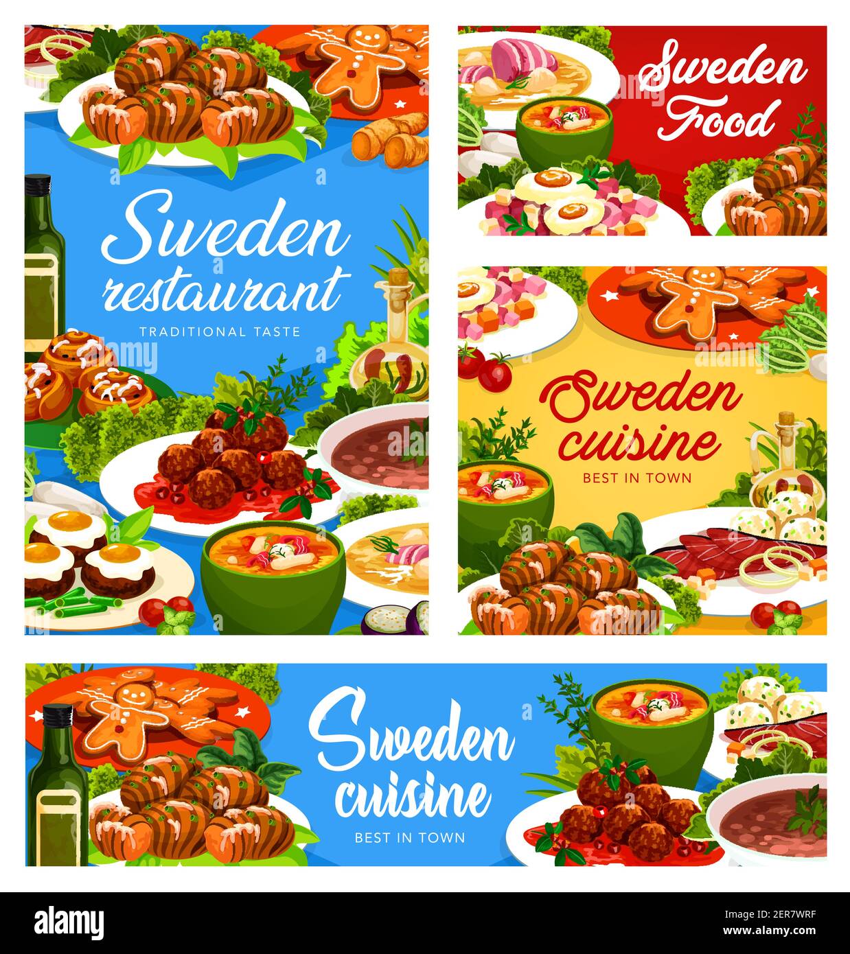 Sweden dishes vector beefsteak a la lindstrom, beef soup elebsad and salmon soup. Pittipanka, meatballs kottbulars, potato hassel and gravlax with gin Stock Vector