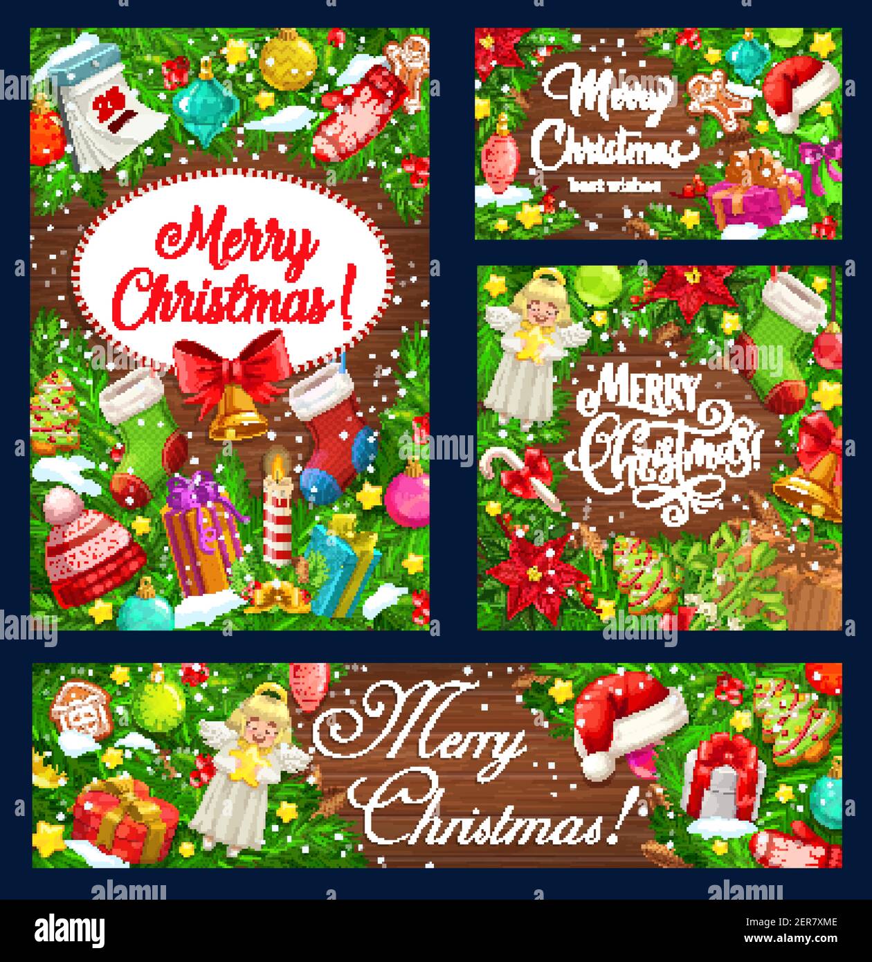 Christmas tree wreaths with Xmas gifts on wooden background, winter ...