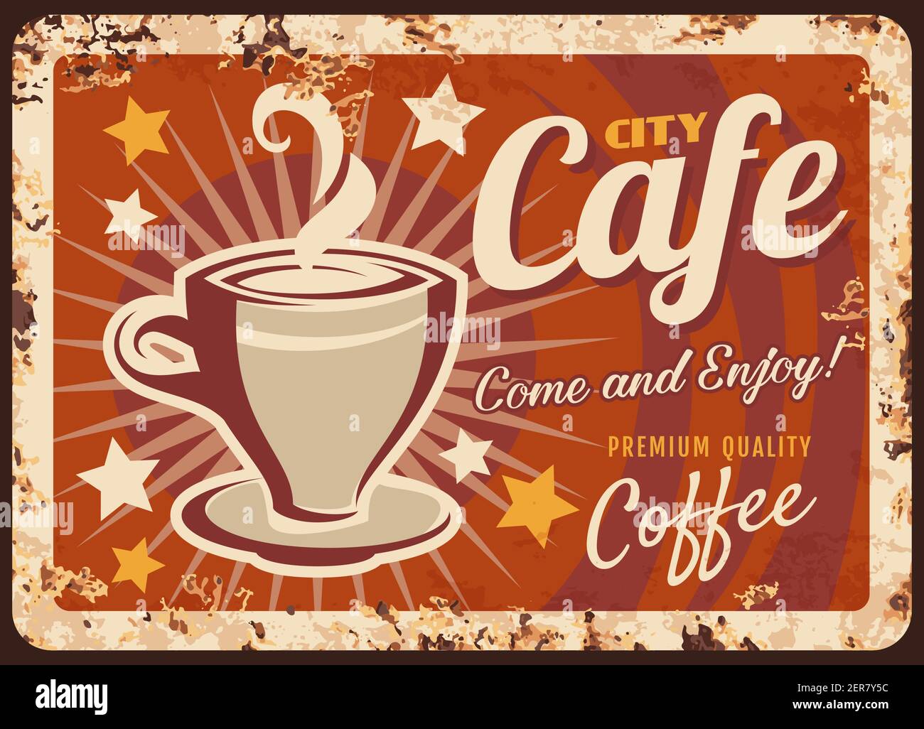 City cafe rusty metal vector plate. Cup of hot coffee, steaming