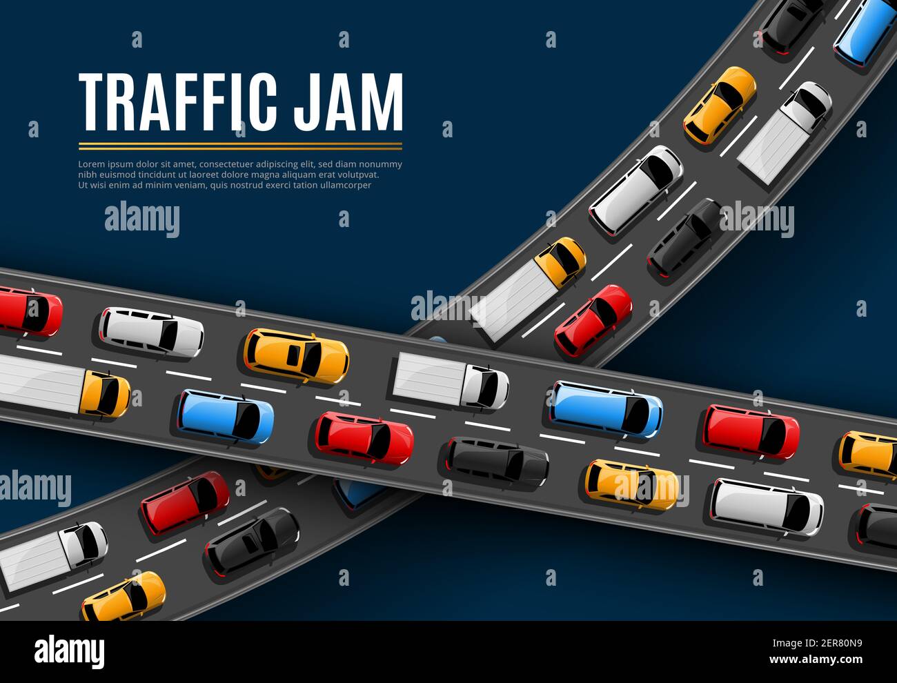 Traffic jam vector poster with cars driving on road top view. Rush hour in city, vehicles on two lane highway. Automobiles stand in rows, traffic jam Stock Vector