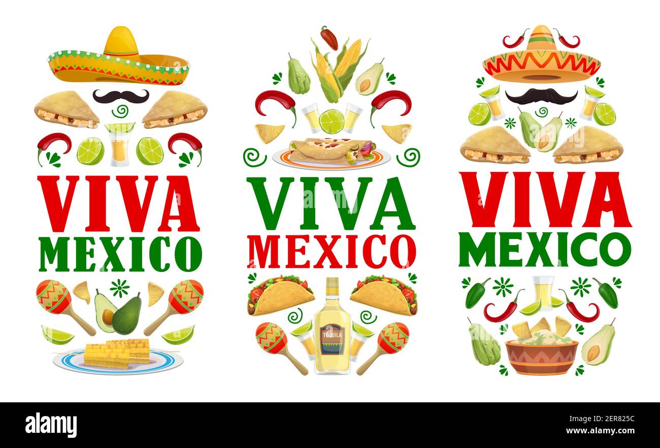 Mexican holiday food vector banners of Viva Mexico fiesta party ...