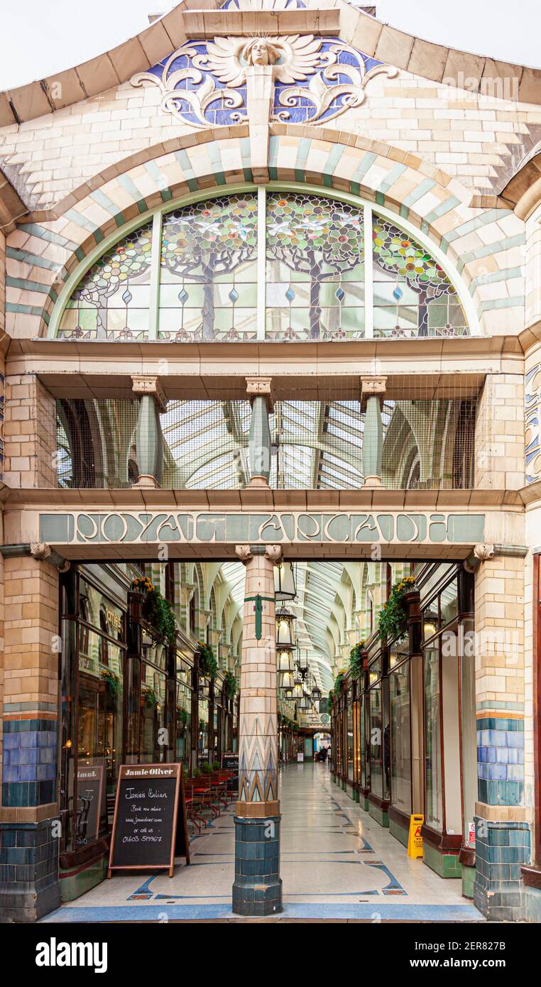 Norwich, UK 10-07-2012: Arched gate at the entrance of the famous Royal Arcade an architectural representation of Art Nouveau style and considered amo Stock Photo