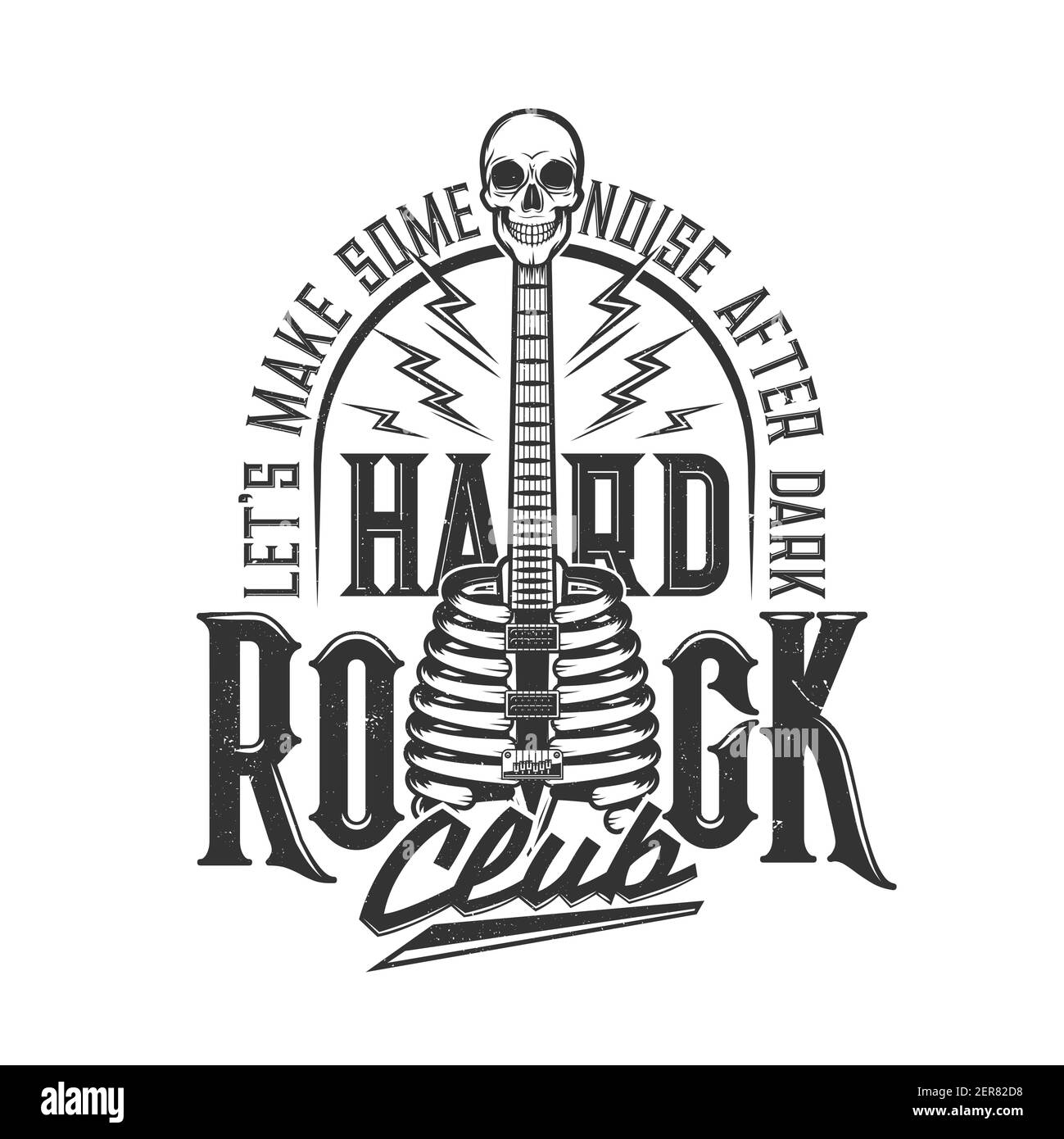 Tshirt print with skeleton and skull electric guitar for apparel vector design. T shirt print for hard rock club with typography, emblem for music con Stock Vector