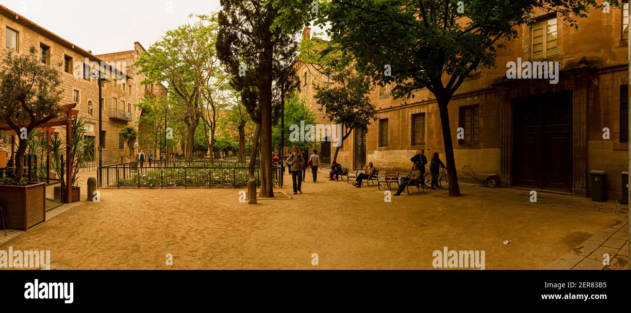 Barcelona, Spain 05-01-2010: Panorama of the Old Hospital de la Santa Creu building complex . A former hospital now a contains has National Library of Stock Photo