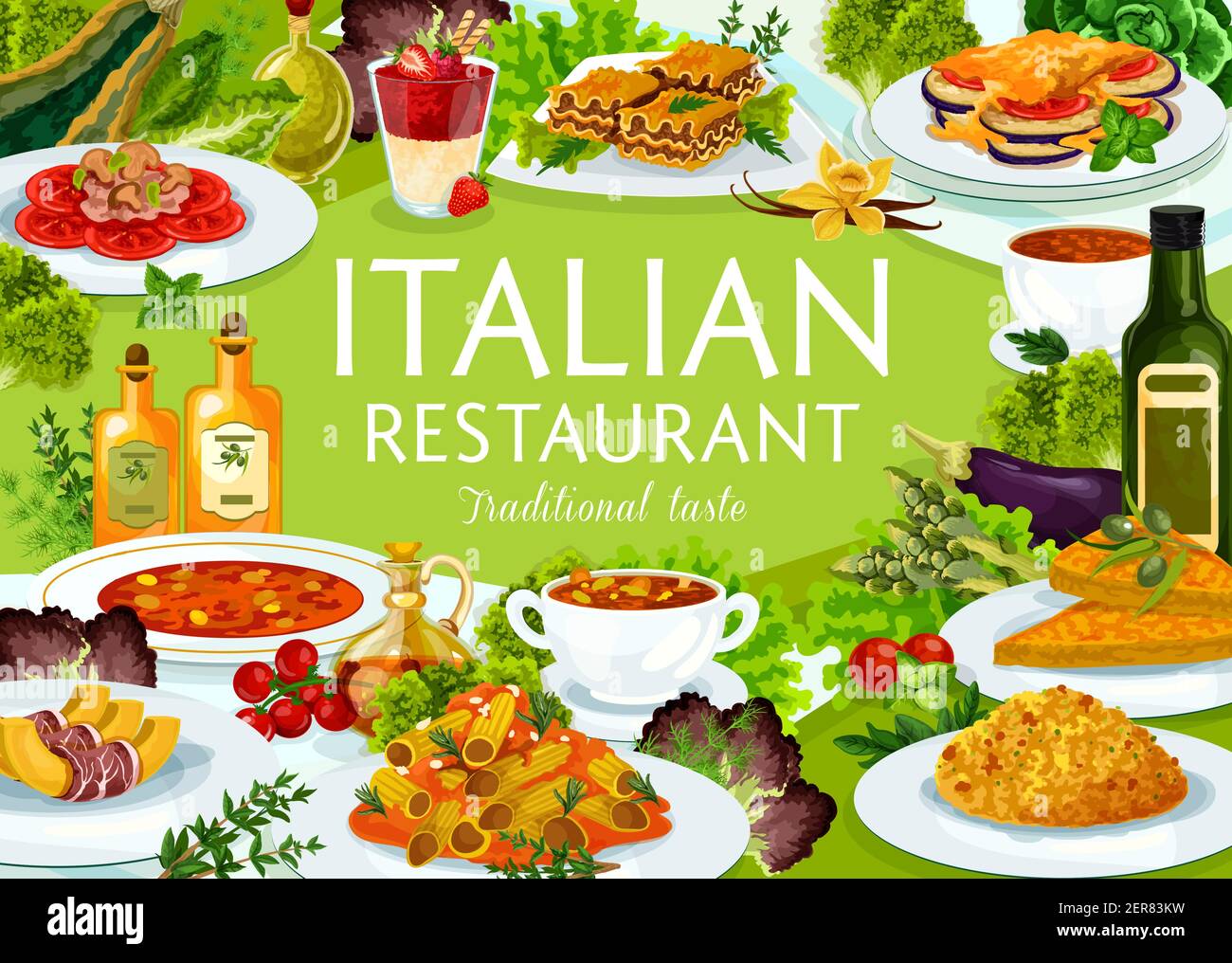 Italian restaurant food vector turin soup, minestrone, risotto, melon with prashuto. Spicy beef