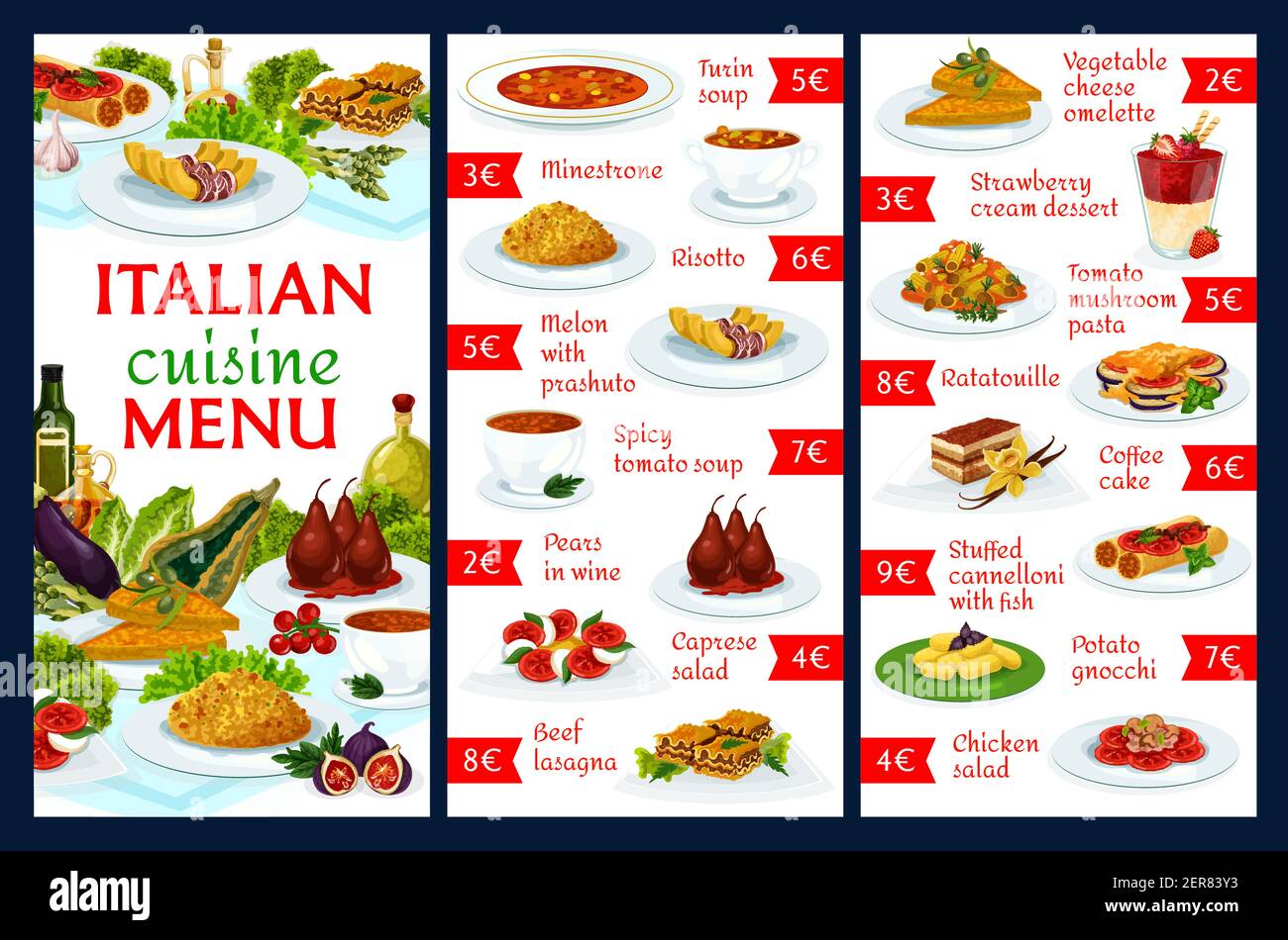 Italian cuisine vector menu template turin soup, minestrone, risotto ...