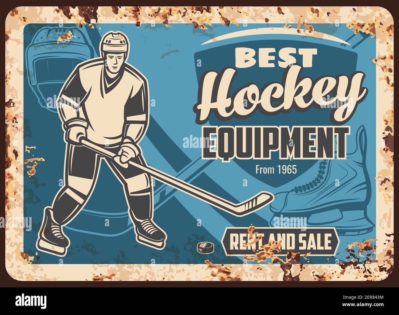 Ice hockey equipment shop rusty metal plate. Hockey player helmet and