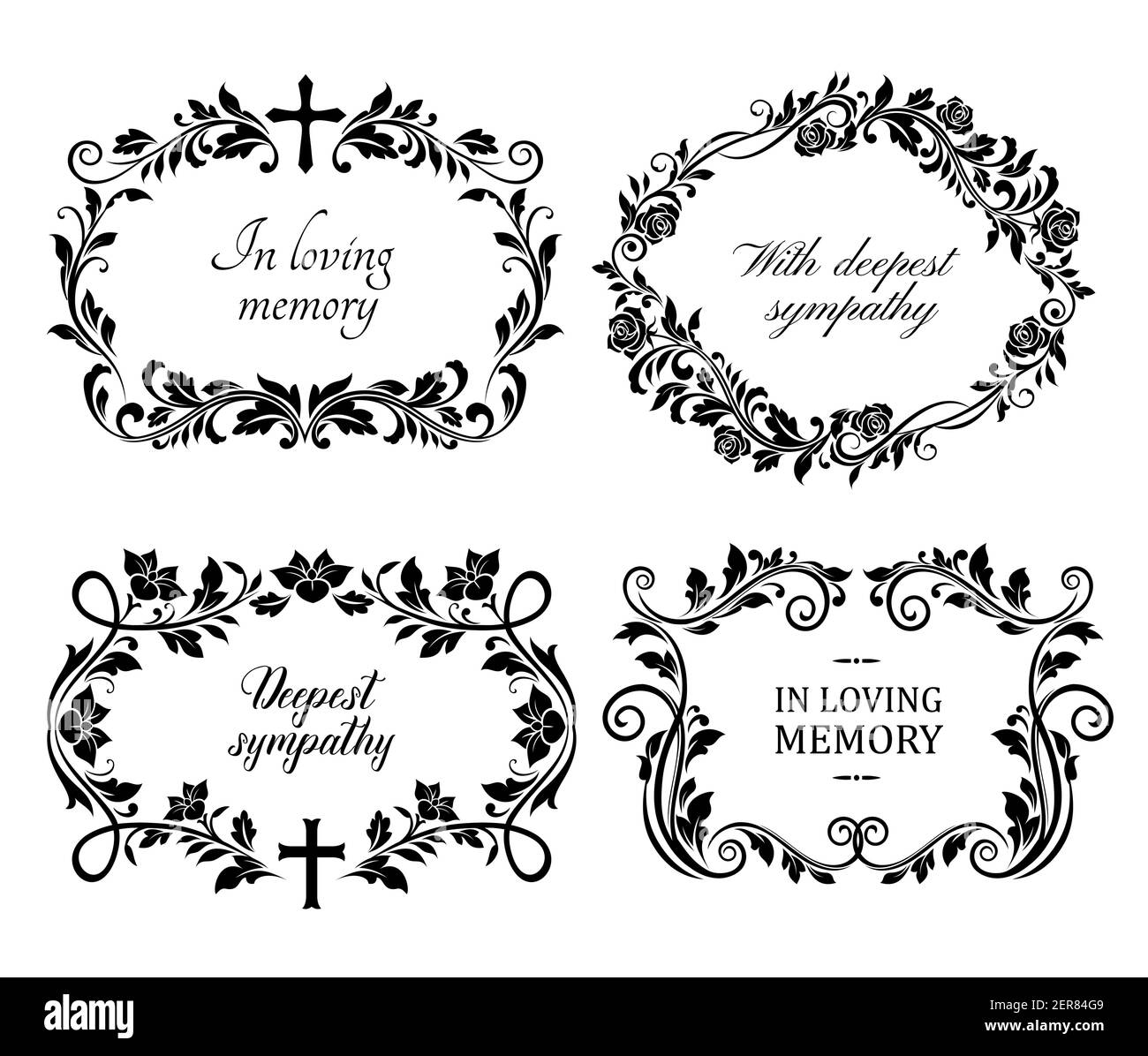 Funeral mourning frames with roses and lily flowers engraved arrangements. Funerary memorial plates borders with floral black ornaments and cross vect Stock Vector