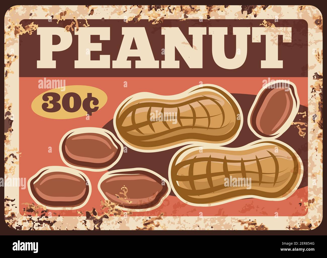 Peanut nuts metal rusty plate, food market price, vector retro poster