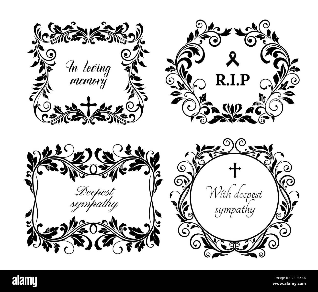 Funeral memory and condolences cards for obituary and death grief black banner, vector floral wreath. Funeral black flowers, In loving memory and RIP Stock Vector