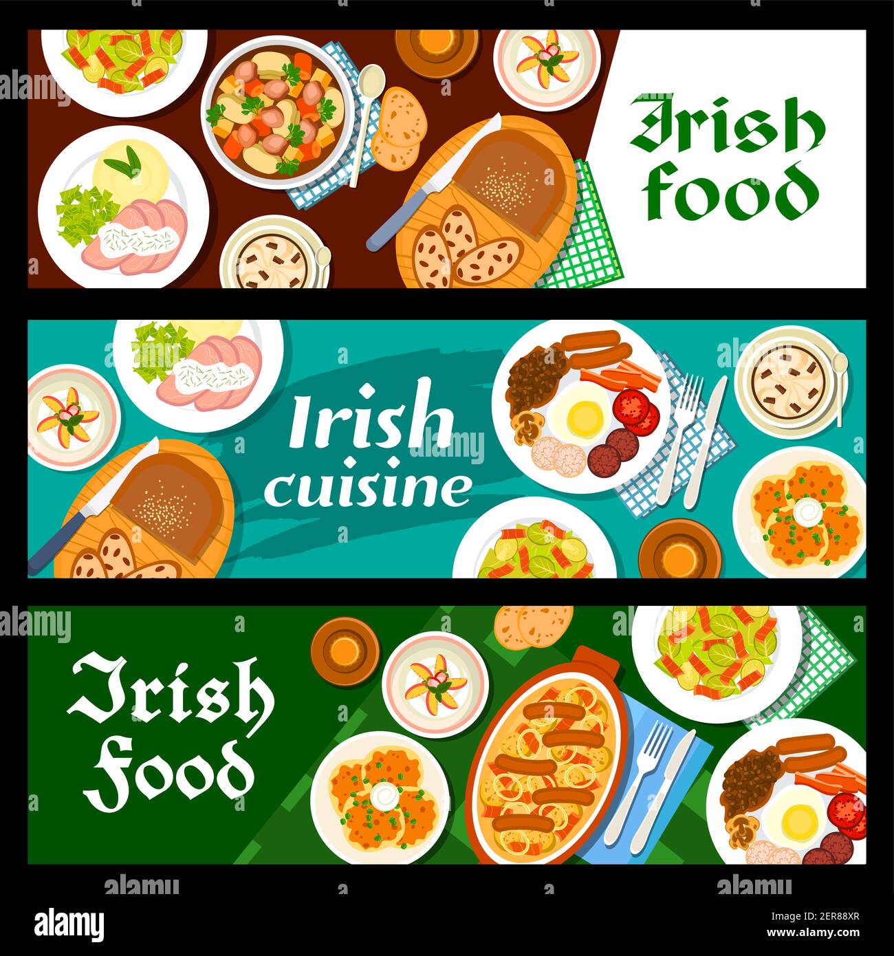 Food, Irish breakfast, Ireland cuisine vector banners, bread, pudding with raisins, salad and beef stew meals, Irish cuisine menu, restaurant traditio Stock Vector