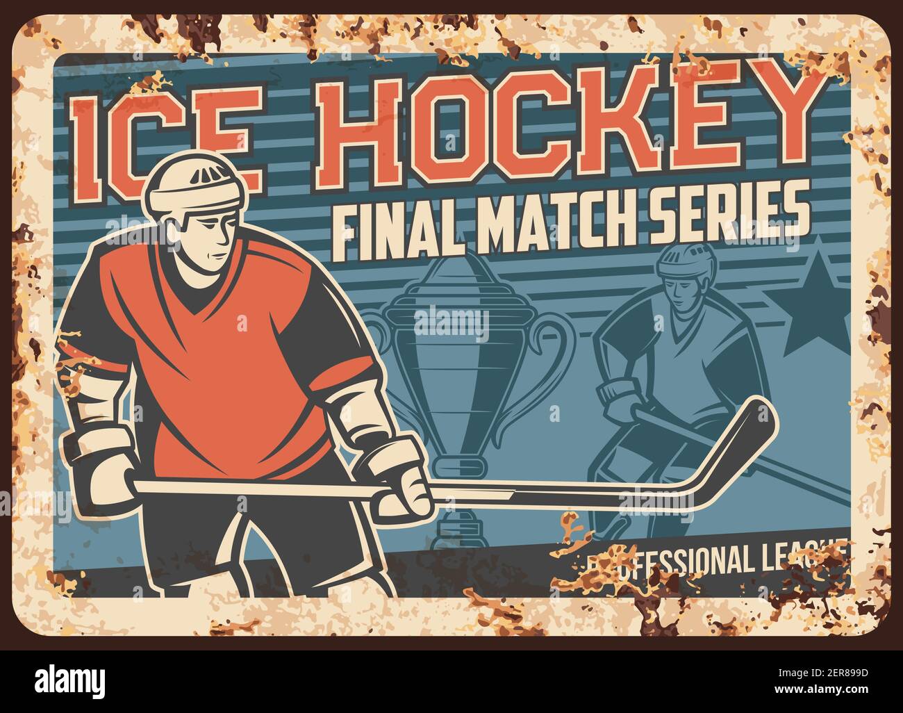 Ice hockey league tournament matches rusty metal plate. Professional player, forward skating with stick in hand, sport competition winners cup vector. Stock Vector