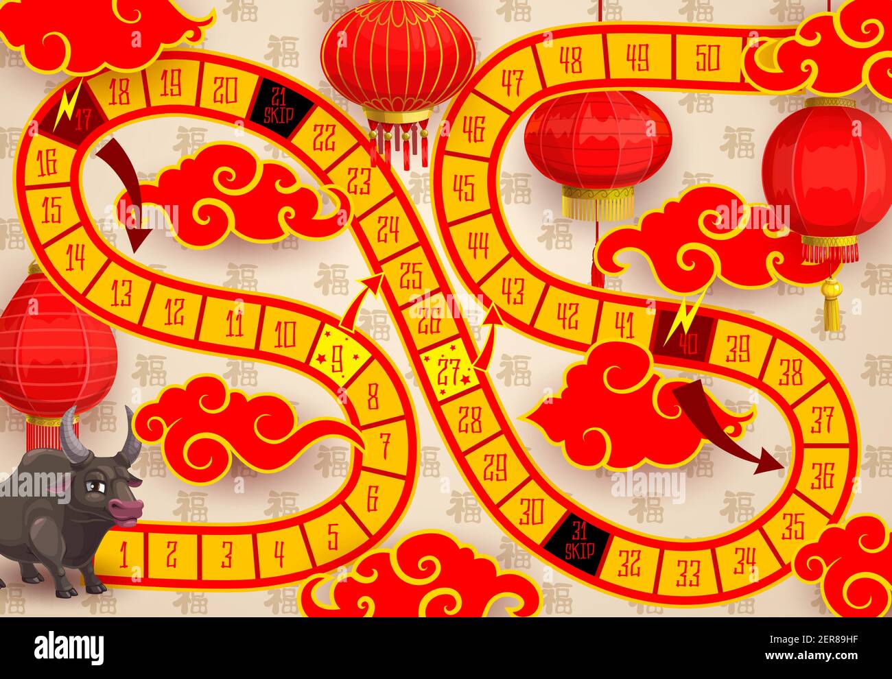 Child New Year board game with Chinese zodiac ox and paper lanterns