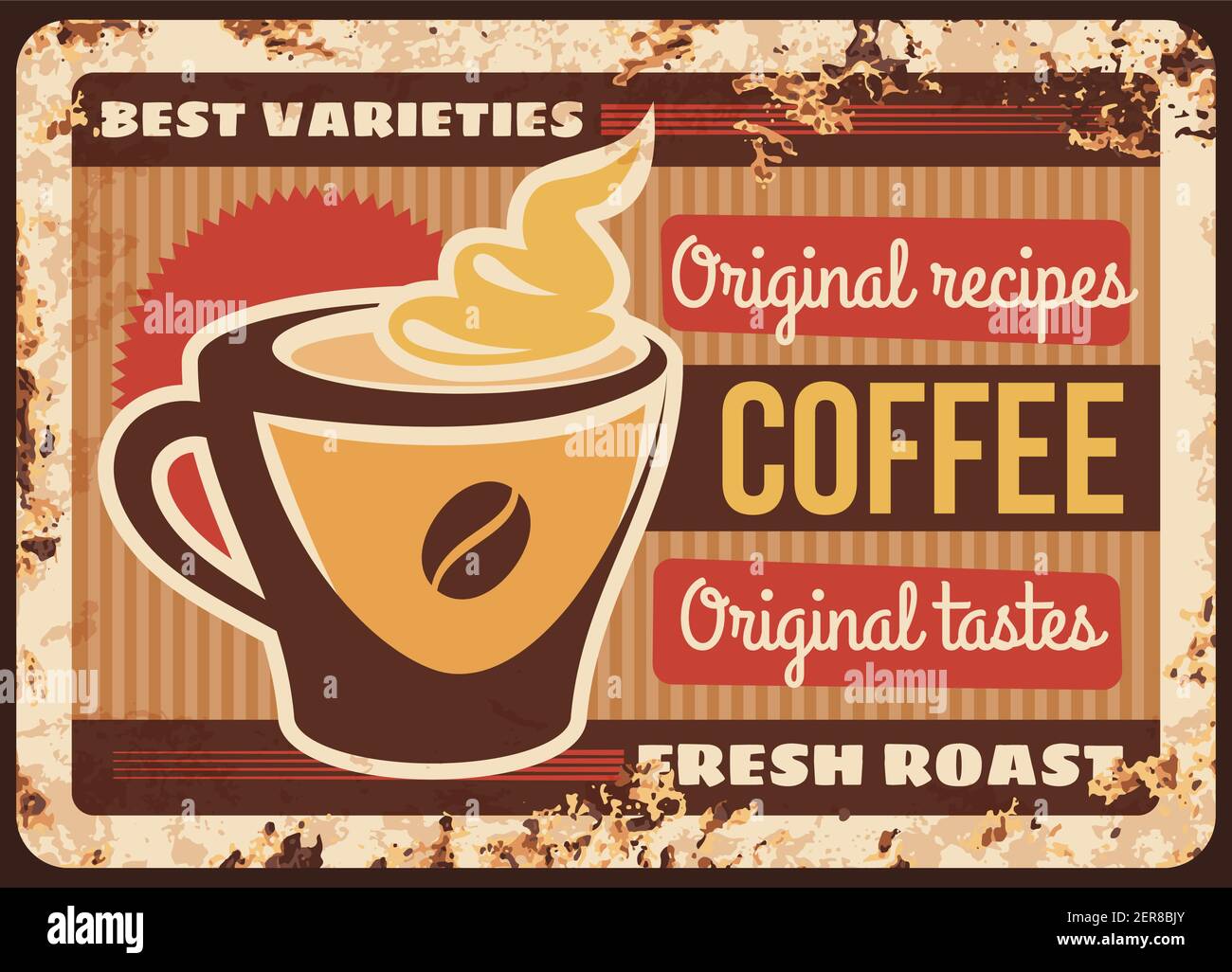 Coffee metal plate rusty, coffeehouse menu poster, vector retro. Coffee