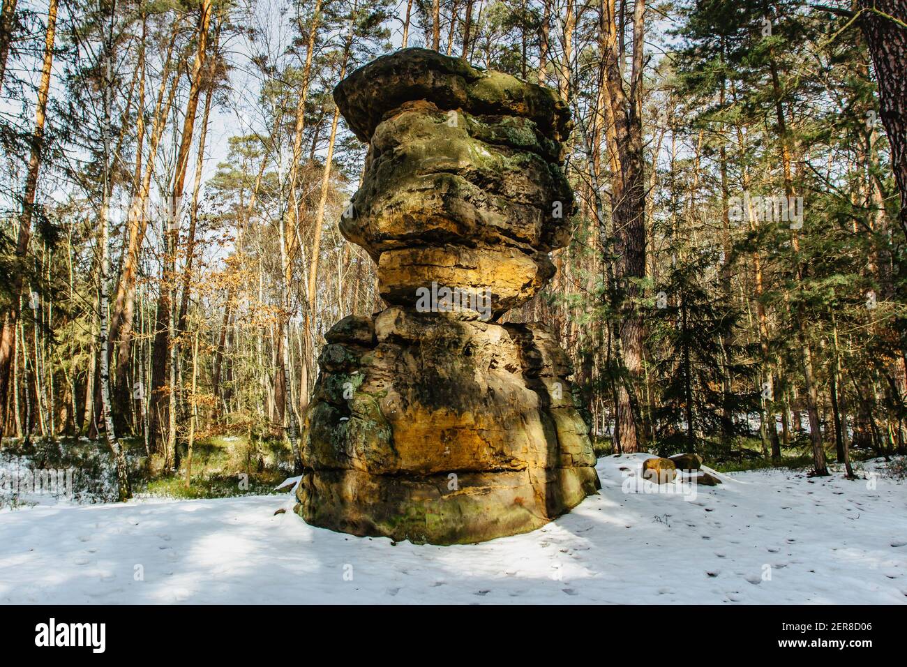 Formation called Seven breads,CZ Sedm chlebu, in sandstone rock. Natural erosion in pine forest near Zelizy village, Czech Republic. Sunny winter day Stock Photo