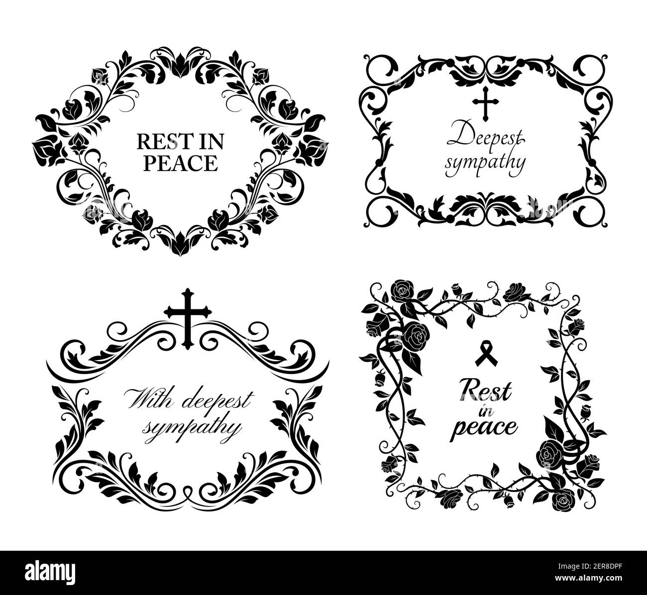 Funeral wreath cards of flowers, obituary RIP and condolences, vector black floral frames. Funeral memory and Deepest Sympathy message for columbarium Stock Vector