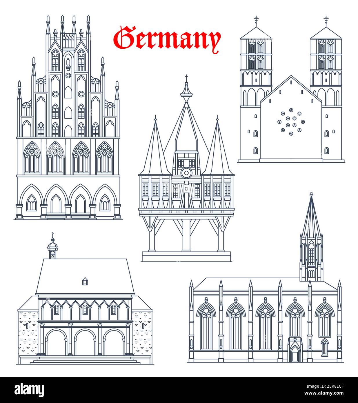Germany landmark buildings and cathedrals icons, vector German travel and famous architecture, vector. Rathaus in Munster Westphalia, St Lambert catho Stock Vector