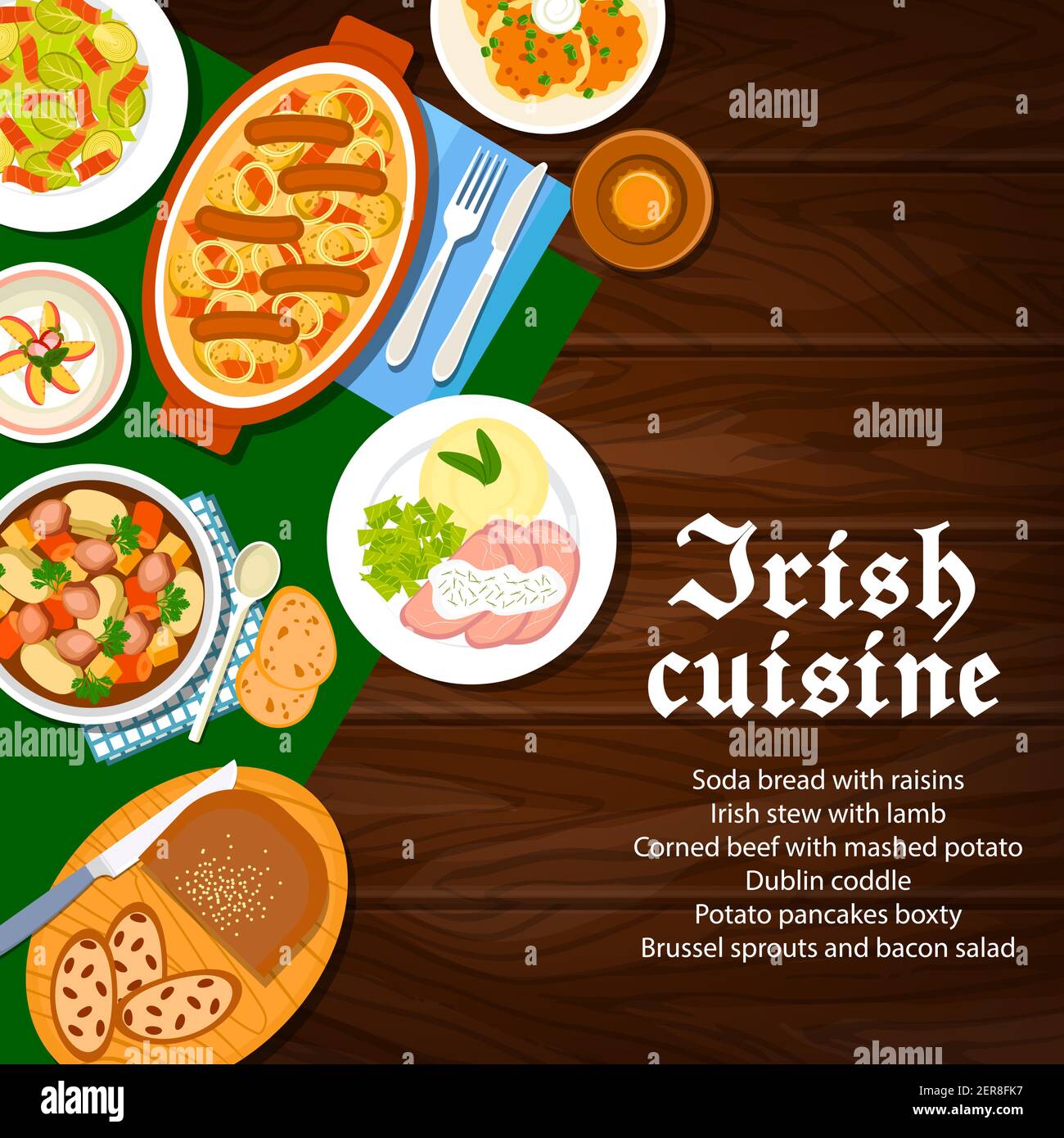 Irish cuisine food menu dishes, Ireland breakfast meals, vector breakfast bread with raisins, pudding and stew. Irish cuisine and restaurant menu food Stock Vector