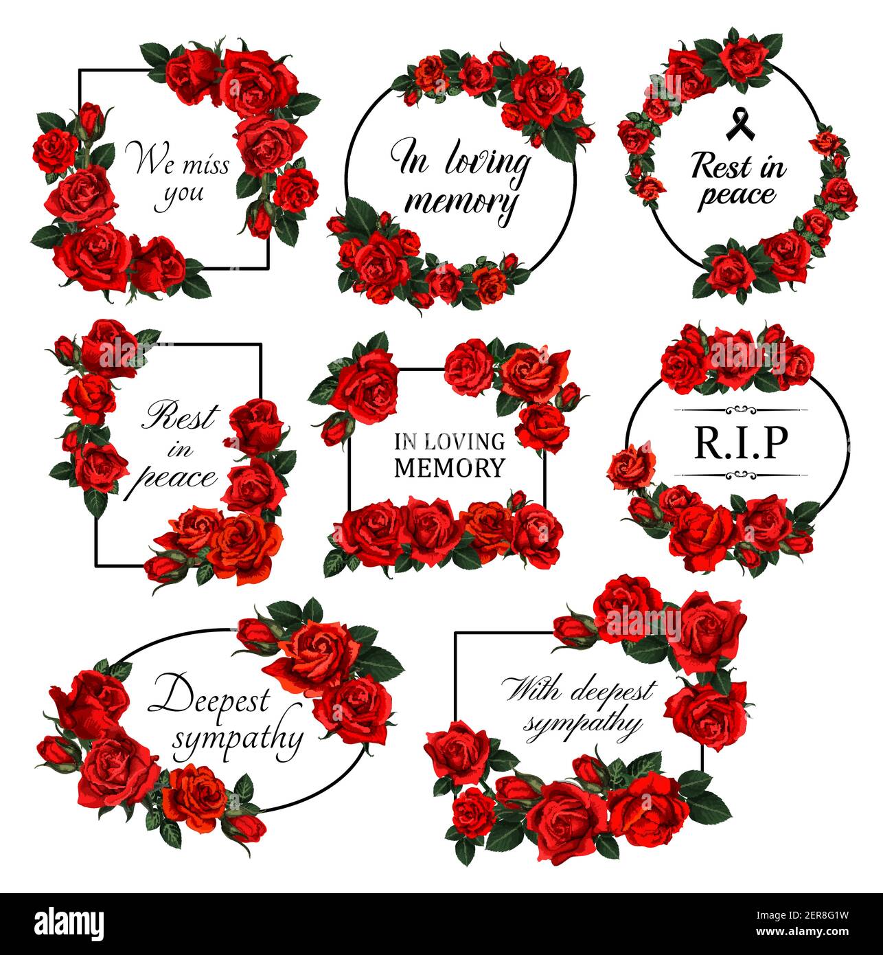 Funereal floral borders with red roses. Mourning card decor with roses flowers, leaves and buds engraved vector. Funerary frame with floral arrangemen Stock Vector