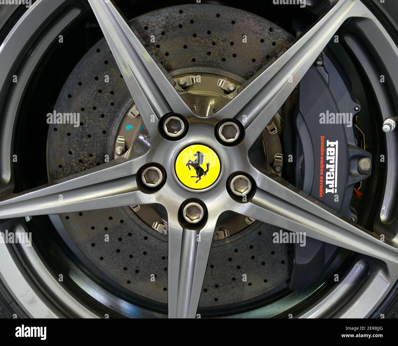 Ferrari F12 Berlinetta wheel and Brembo brake system Stock Photo
