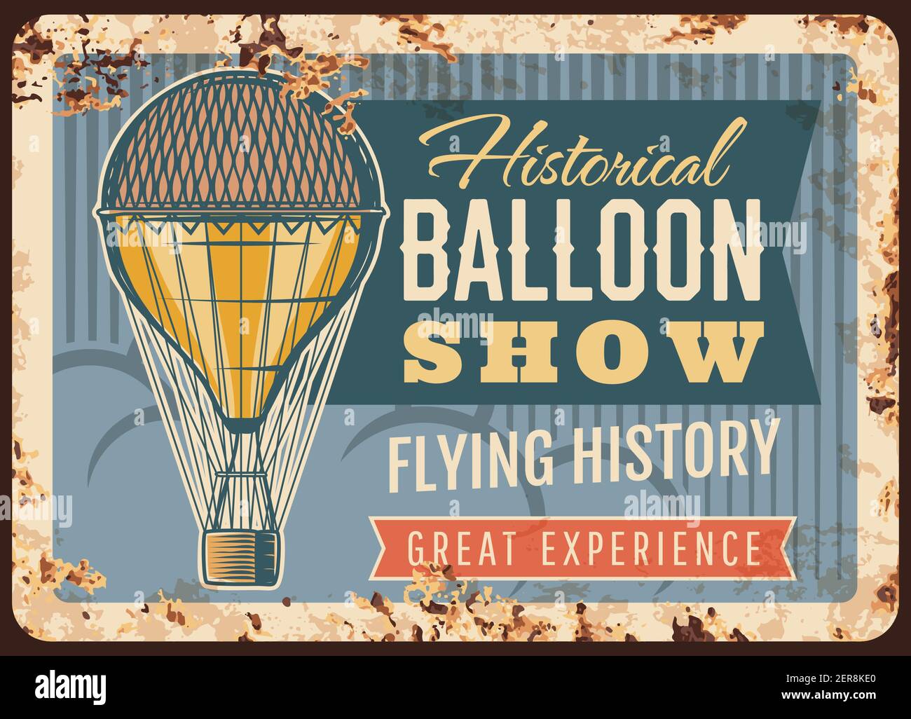 Air balloon show rusty metal plate, vector vintage rust tin sign with  aerostat flying in sky, grunge retro poster with air balloon  transportation, his Stock Vector Image & Art - Alamy