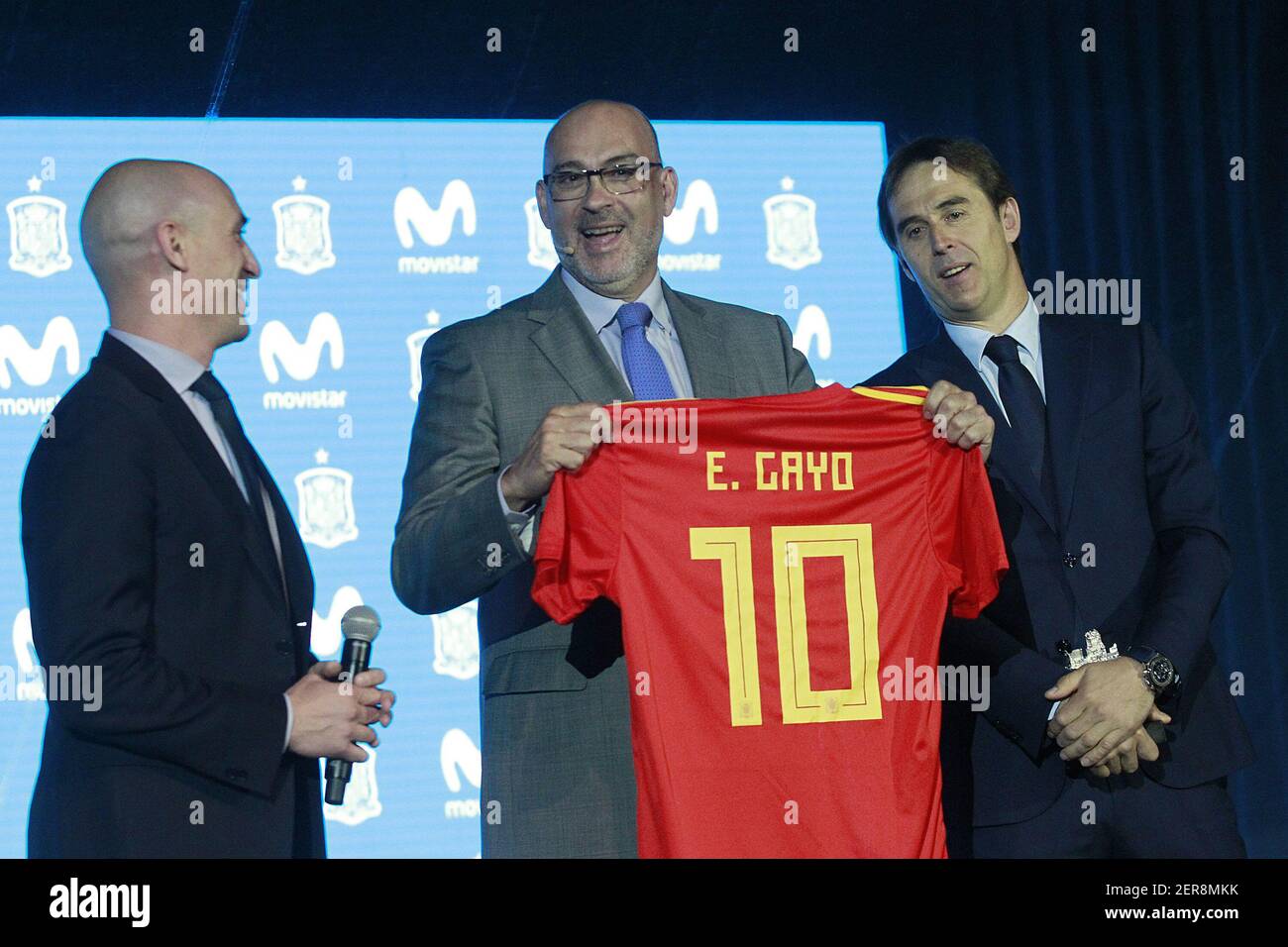 The President of RFEF Luis Rubiales (l), President of Telefonica Spain  Emilio Gayo (c) and the coach of the national soccer team of Spain, Julen  Lopetegui, during the presentation of the list