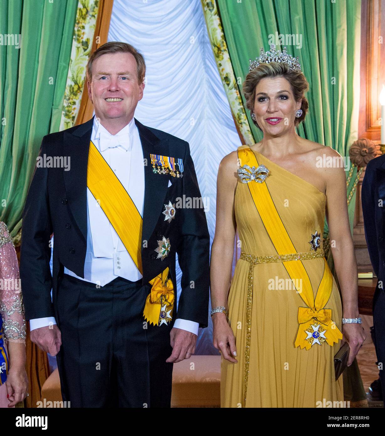 King Willem Alexander Of The Netherlands And Queen Maxima Of The Netherlands Wearing The Stuart Crown Which Was Unseen For 40 Years During State Bank On The First Of The 3 Day State Visit