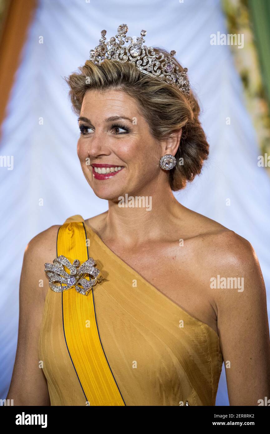 Queen Maxima of the Netherlands during State Bank, on the first of the 3 day state of the Dutch Royals to Luxembourg, wearing the Stuart-crown which was unseen for 40 years! (