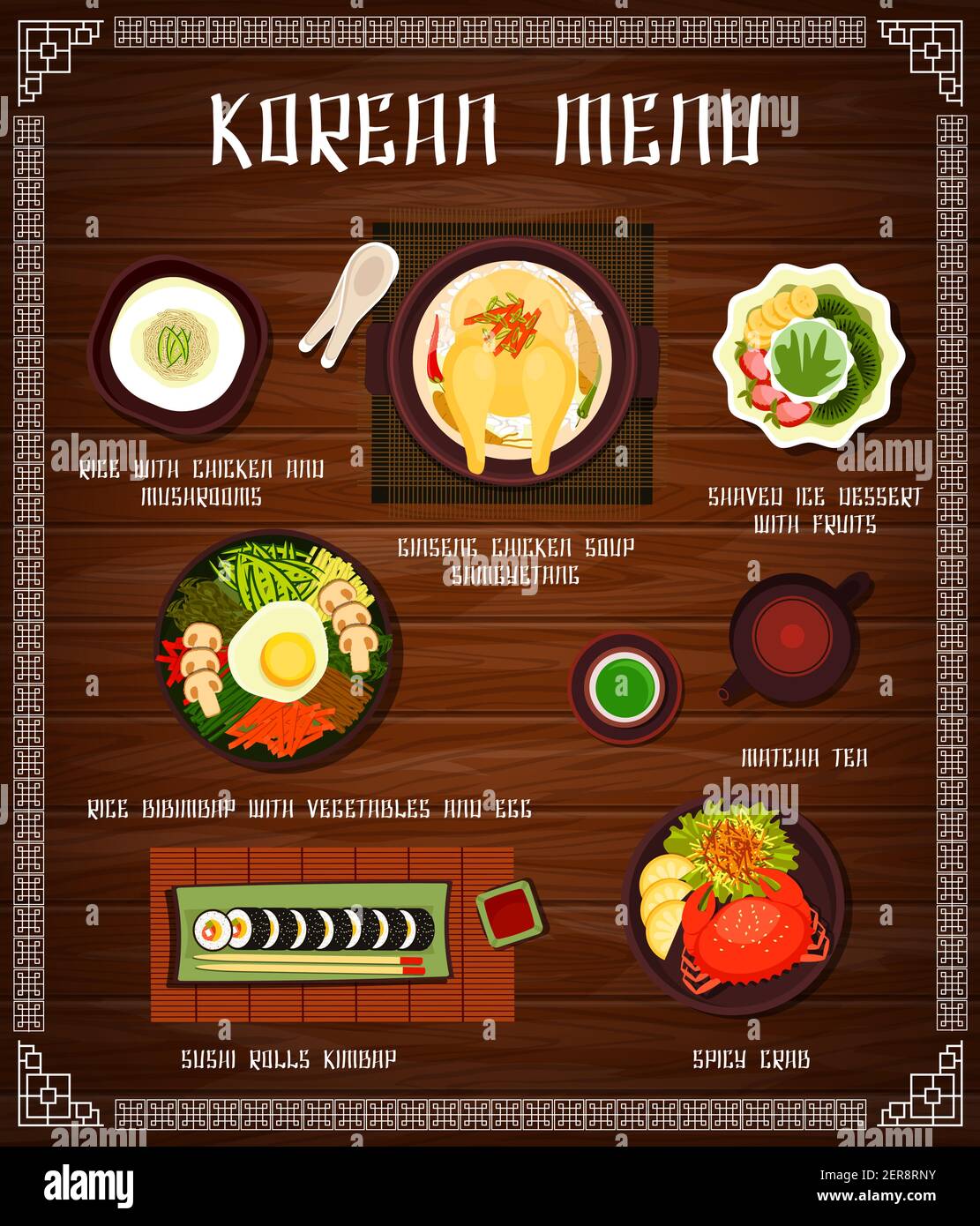 Korean cuisine vector menu rice with chicken and mushrooms, ginseng soup samguetang, shaved ice dessert with fruits. Rice bibimbap with vegetables and Stock Vector