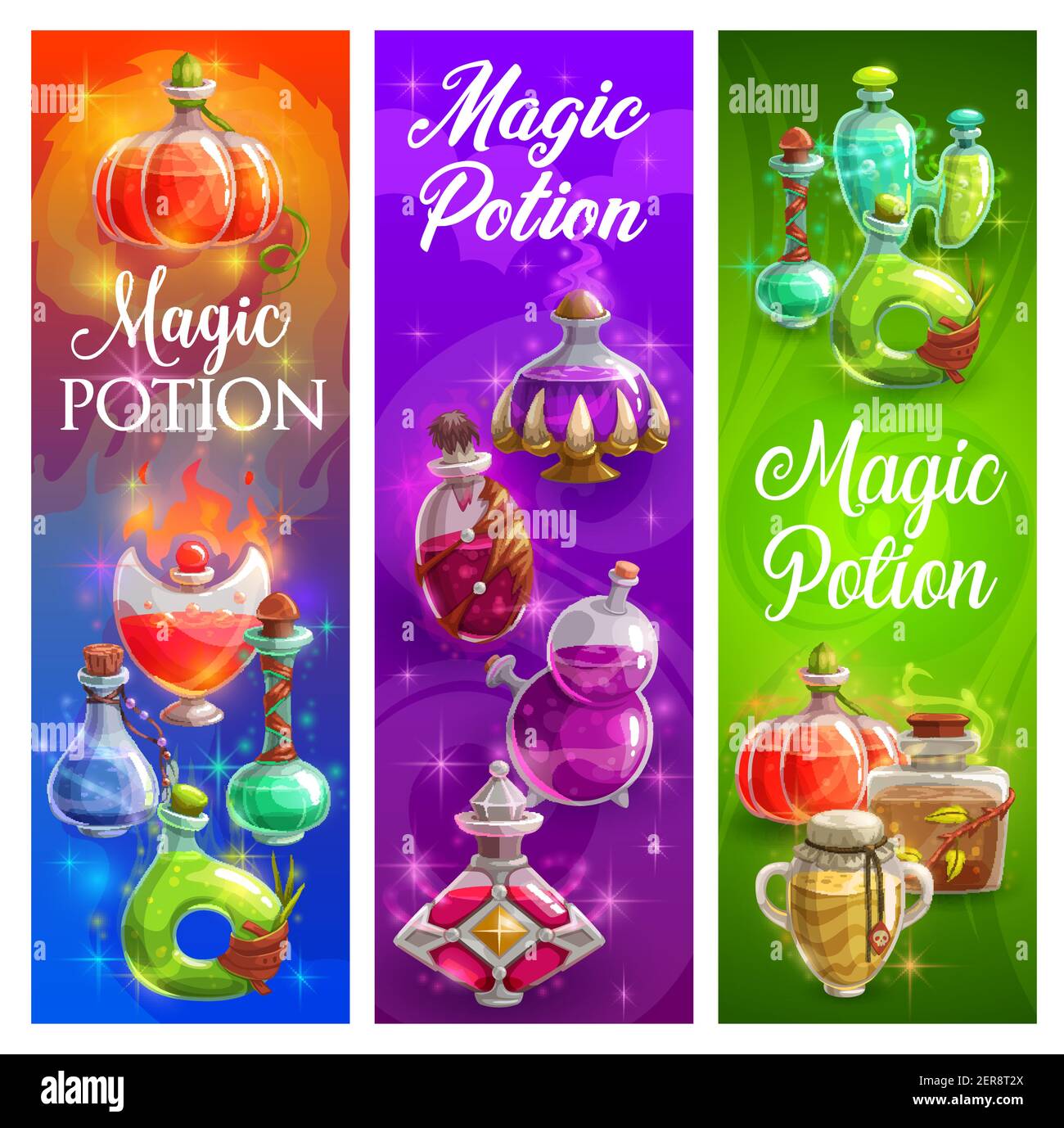 Halloween posters with witch magic potions bottles. Sorcerer spells, wizard elixirs liquid in spooky shapes glass flasks. Sorcery or alchemy potions, Stock Vector