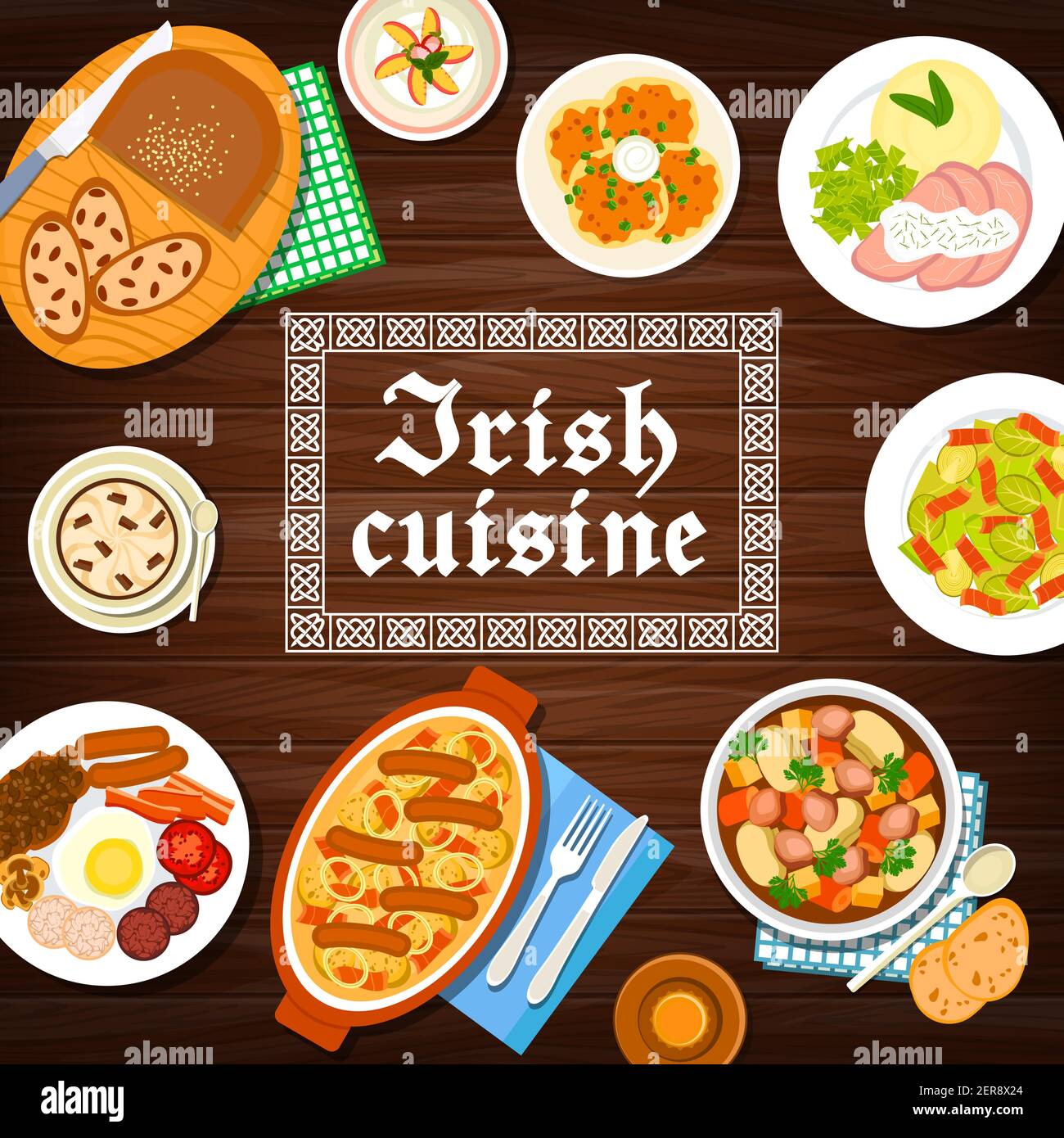Irish cuisine food menu, breakfast dishes, meals of Ireland, vector stew, pudding and bread with raisins. Irish restaurant traditional cuisine food la Stock Vector