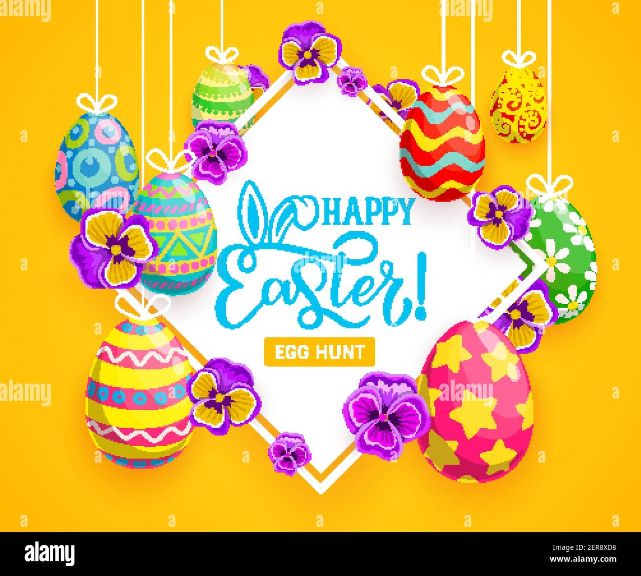 Easter egg hunt vector greeting card of hanging Easter eggs with painted ornaments and bunny or rabbit ears, blooming pansies and ribbons. Religion ho Stock Vector